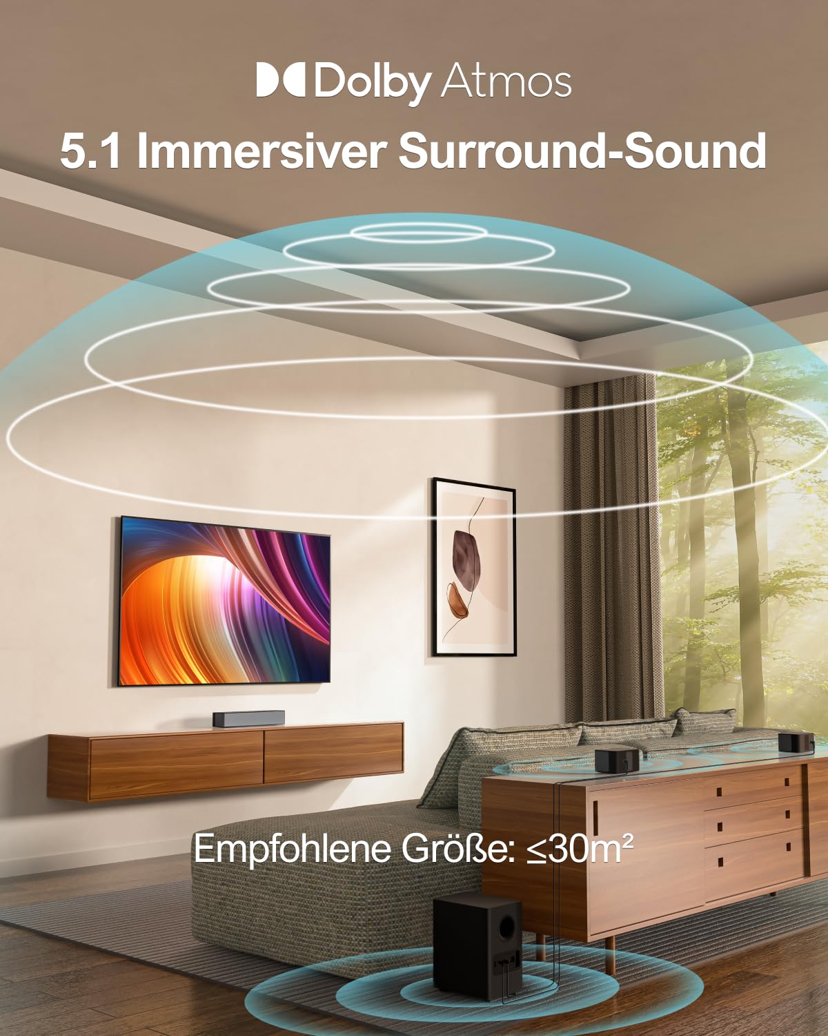 ULTIMEA 5.1 Dolby Atmos, 3D Surround Sound System Soundbar für TV Geräte, Soundbar mit Subwoofer, TV Lautsprecher für Heimkino mit einstellbarem Bass, Poseidon D60-Serie