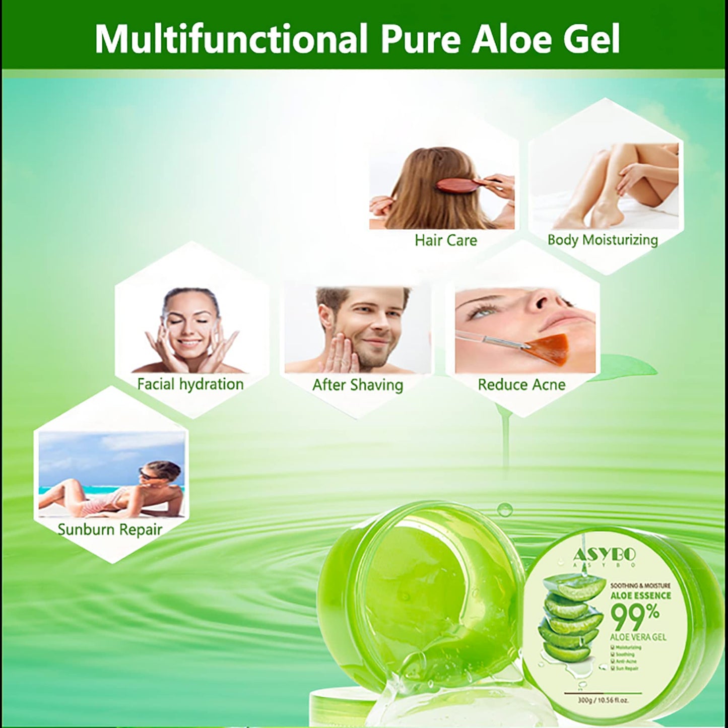 ASYBO 300 ML Aloe Vera Gel – 99% reine Aloe Vera Feuchtigkeitscreme für Gesicht und Körper, natürliche Aloe-Creme für trockene Haut, Sonnenbrand, Akne