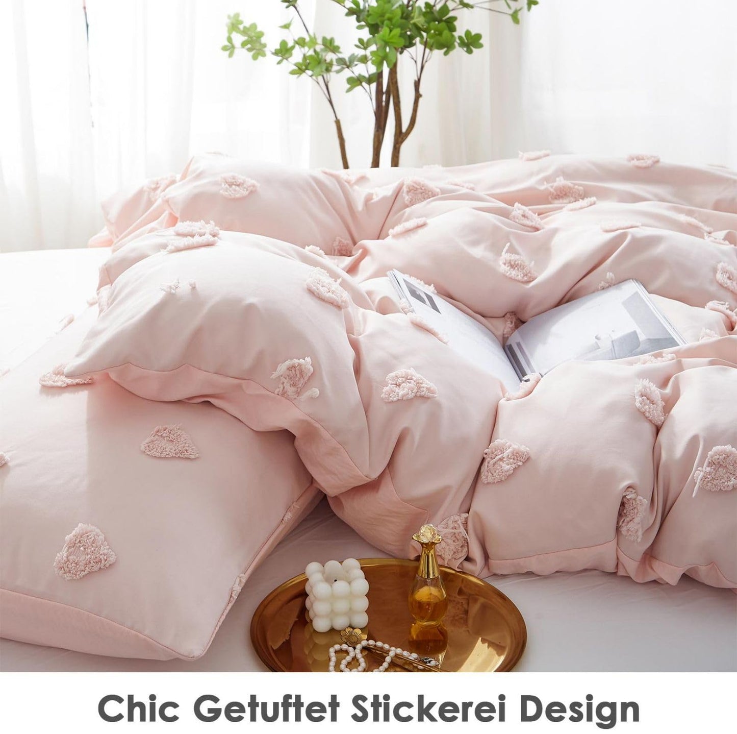 Freyamy Boho Bettwäsche 135x200cm 2teilig Rosa Getuftet Herz Böhmen Bettwäsche Stickerei Shabby Chic Bettwaren-Sets Microfaser Weiche Bettbezug mit Reißverschluss und Kissenbezug 80x80cm