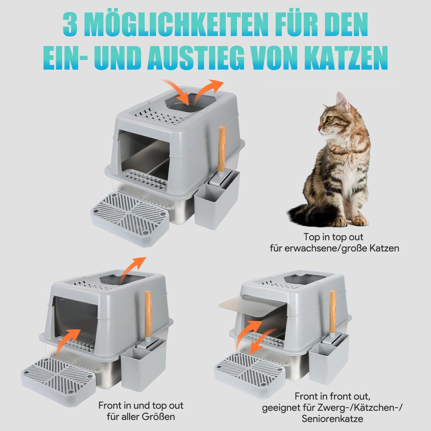 INSMEER Katzenklo Edelstahl mit Deckel, 30L Katzentoilette XXL Gross, mit Schaufel/Top Öffnung, geräumig für Katze bis 15 KG, auslaufsicher weniger Spuren, Leicht zu reinigen, 60 * 42 * 38CM