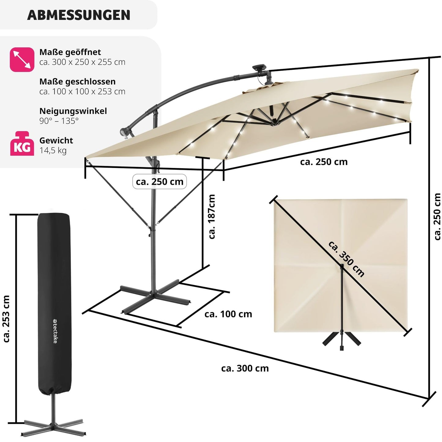 tectake® Sonnenschirm rechteckig, mit Solar LED Beleuchtung, wasserabweisend, inkl. Schutzhülle und Kurbel, Ampelschirm, Sonnenschutz Terrasse, Balkon Sonnenschirm groß, Marktschirm, Ø250cm - beige