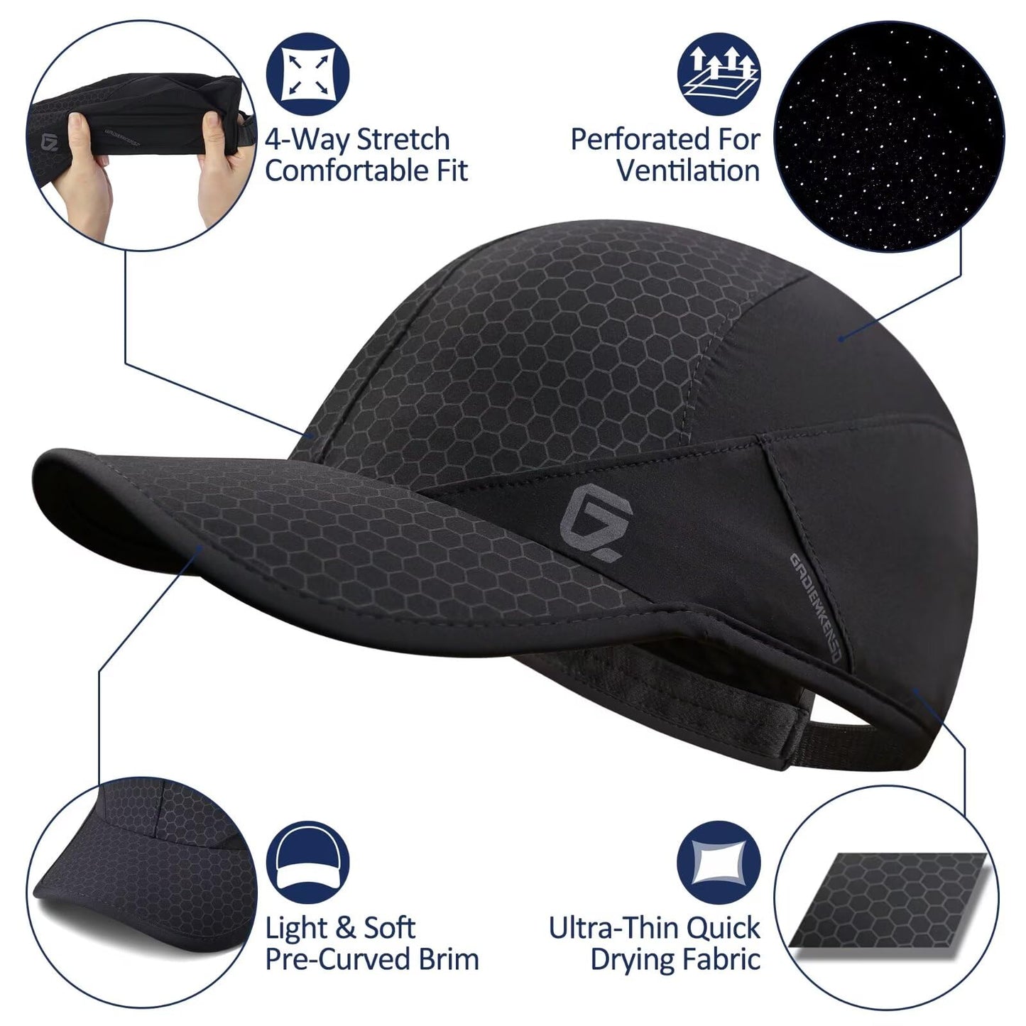 Sport Cap,Soft Brim Lightweight Waterproof Running Hat Breathable Baseball Cap Quick Dry Sport Caps Cooling Portable Sun Hats for Men Performance Cloth Workouts and Outdoor Activities Black