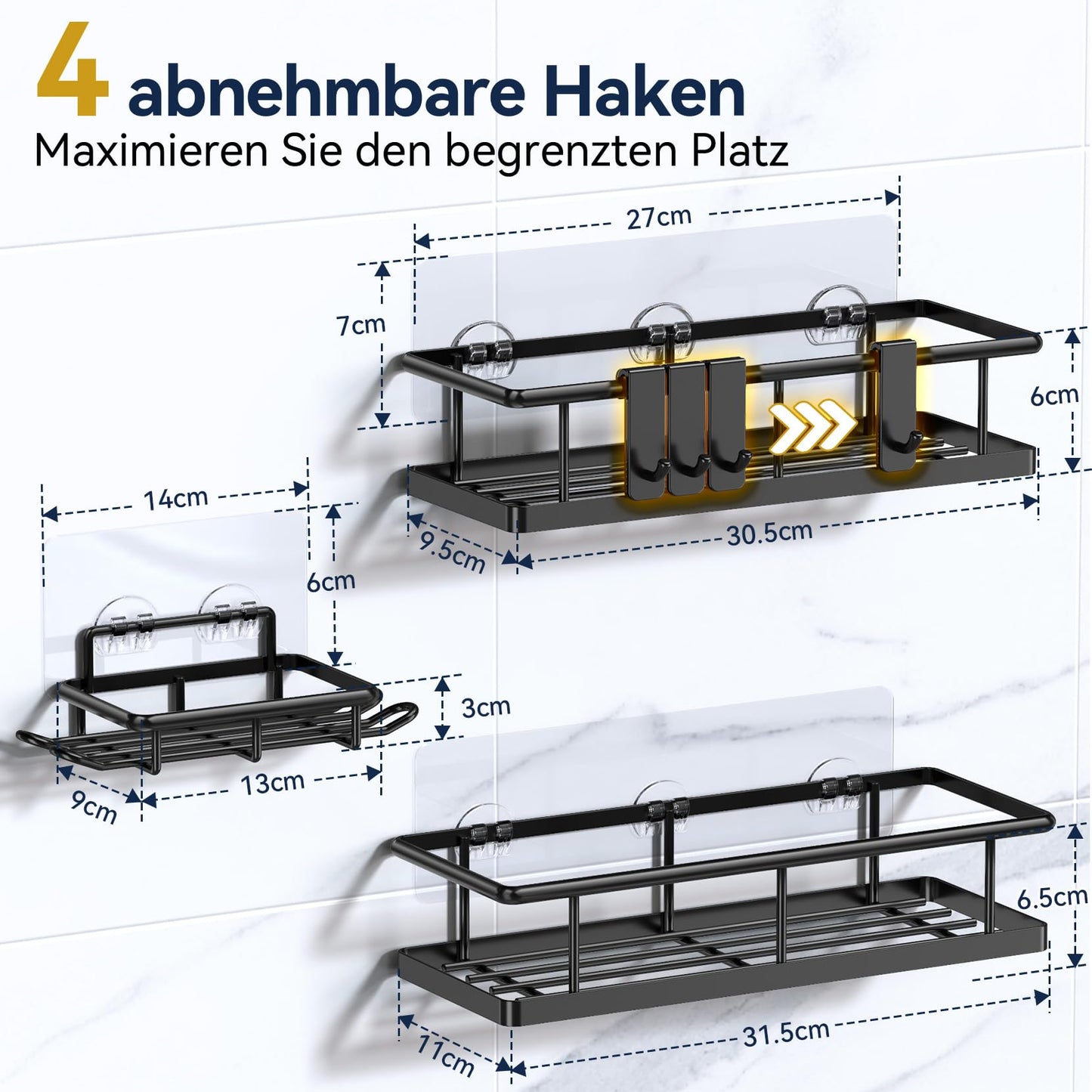 YASONIC Duschablage ohne Bohren Badezimmer Organizer, Badregal Duschregal ohne Bohren, Duschhalterung ohne Bohren Shampoo Halterung für Dusche, rostfrei Badezimmer Regal Duschablage schwarz, 3 Stück