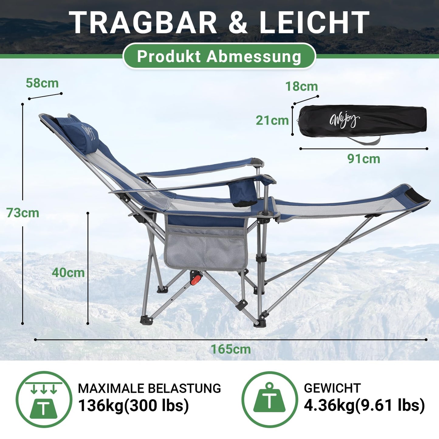 #WEJOY 2-in-1 Campingstuhl Faltbar, Strandstuhl mit Verstellbarer Rückenlehne & Fußstütze Angelstuhl Campingstühle für Erwachsene mit Wattepad Kissen Getränkehalter Armlehnentaschen Marine/Grau