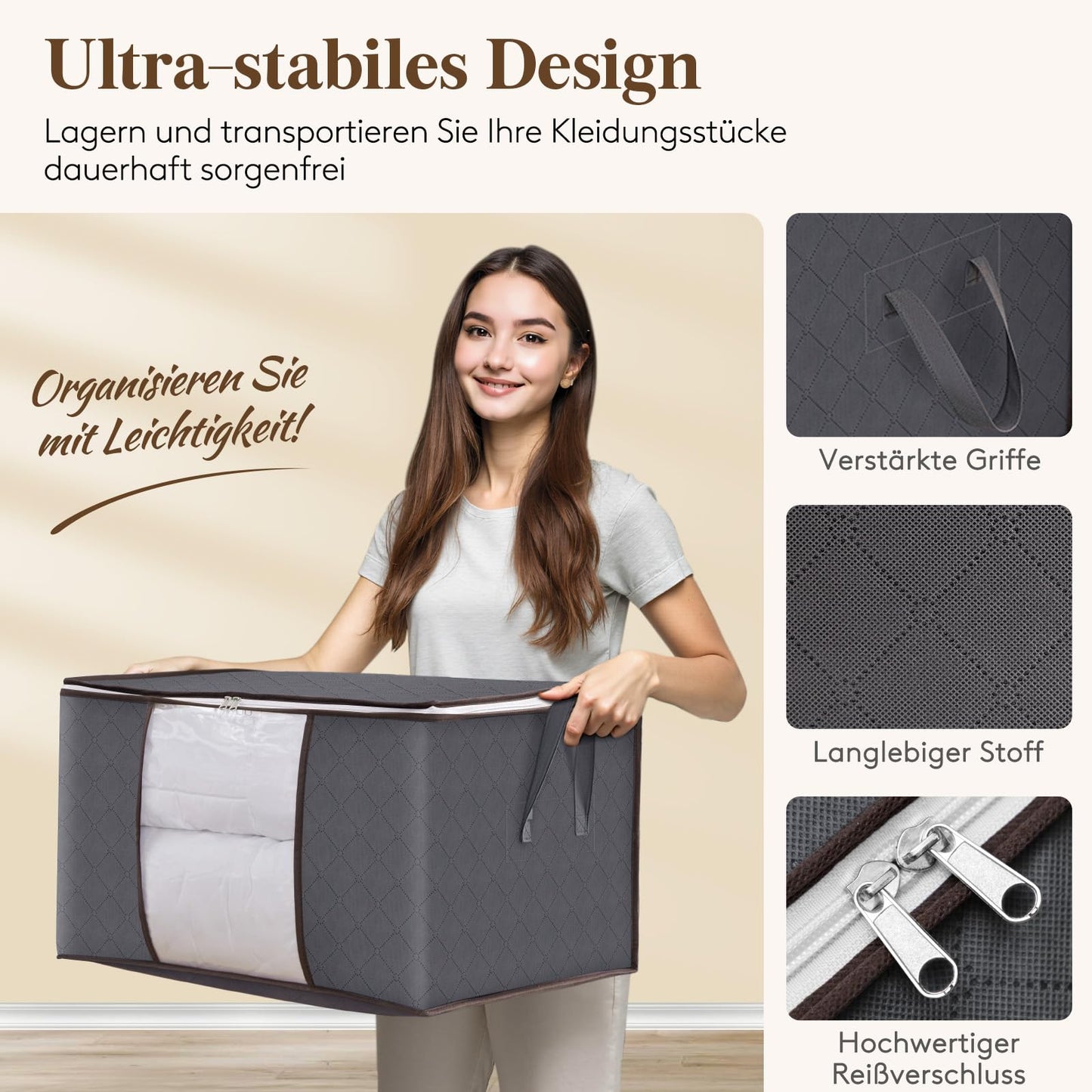 Lifewit 6 Stück Aufbewahrungstasche, Aufbewahrungsbox mit Deckel, Kleiderschrank Organizer Faltbare Kleideraufbewahrung Umzugskartons mit Verstärkt Griff für Bettdecken Kleidung Decke, Grau