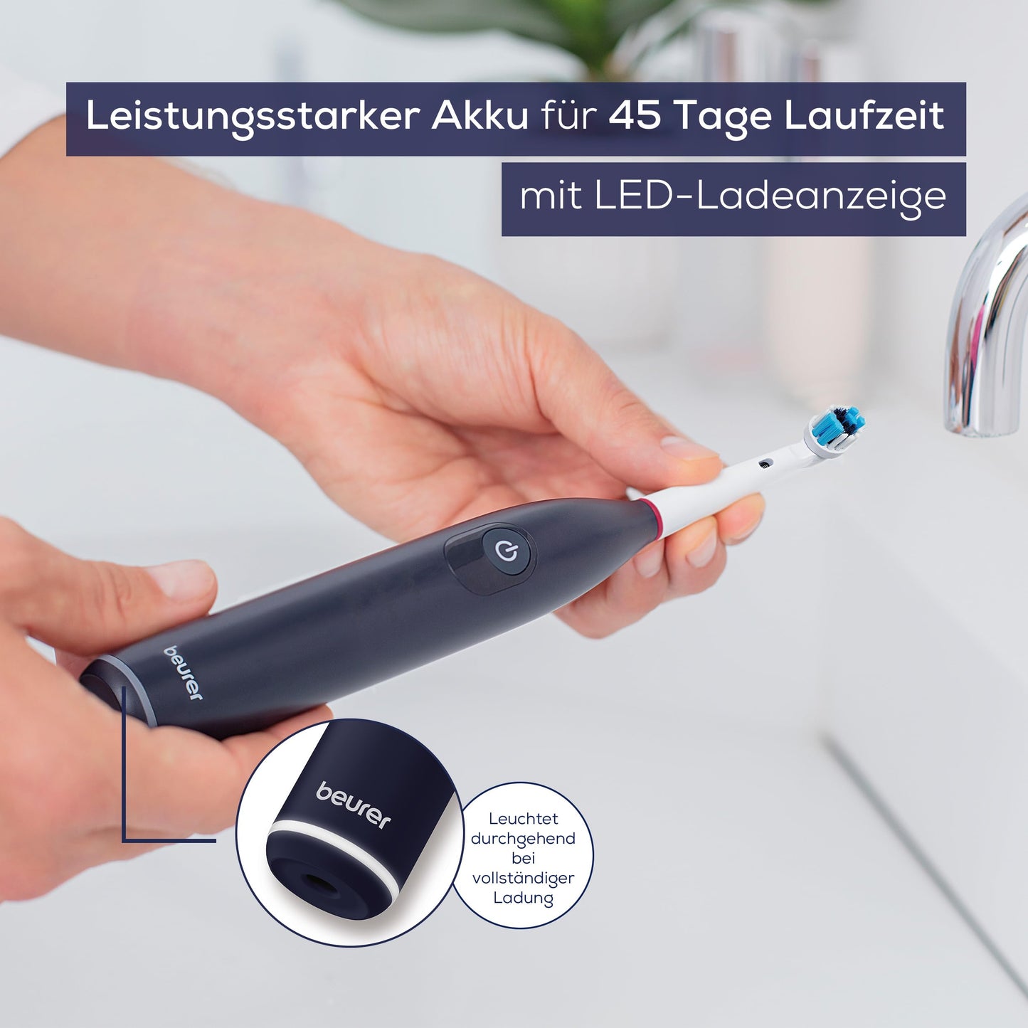 Beurer TB 50 Elektrische Zahnbürste, 3 Reinigungsprogramme für Zahnpflege, oszillierend-pulsierende Putztechnologie zur Plaque Entfernung, integrierter Andrucksensor, Akku mit 45 Tage Laufzeit
