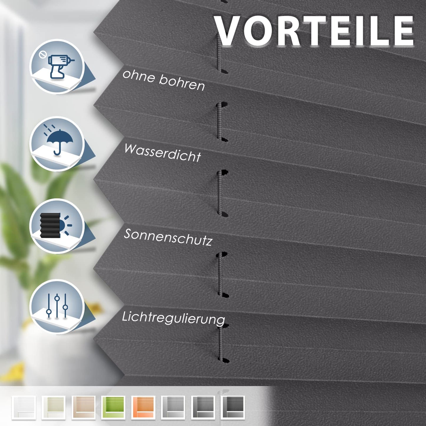 Sanfree Plissee Klemmfix Plisseerollo ohne Bohren Anthrazit B45 x H100cm inkl. Klemmträger Blickdicht und lichtdurchlässig Jalousie Faltrollo Sichtschutz und Sonnenschutz Rollo für Fenster & Tür
