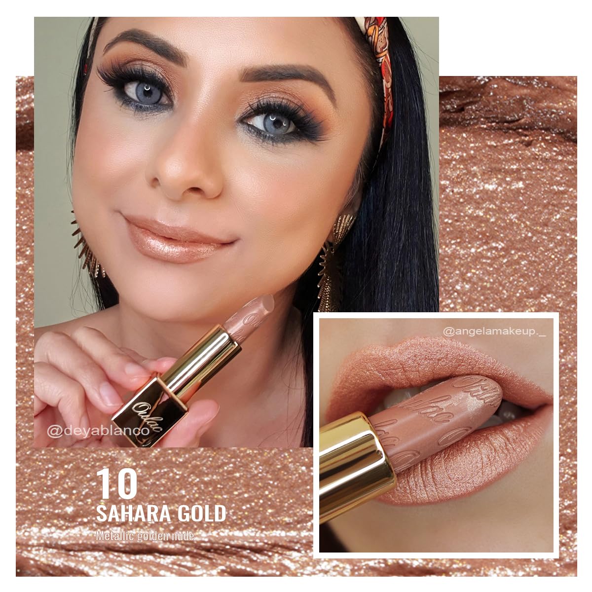 OULAC Lippenstift Metallic Glanz Finish, Nudetöne, Hochpigmentierter, Kein Körniges Gefühl, Langlebig, Feuchtigkeitsspendende Formel, Vegan, 4.3g, (10) Sahara Gold