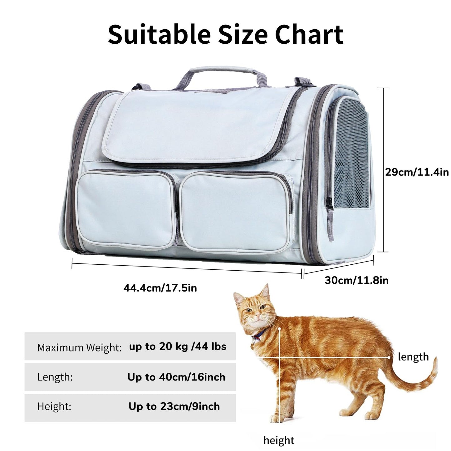 FUKUMARU Transportbox Katze, Faltbare Katzentransportbox, Transportbox Hund mit Reisetasche, Transportbox für Katzen/Hund bis 22kg, Hellgrau,groß