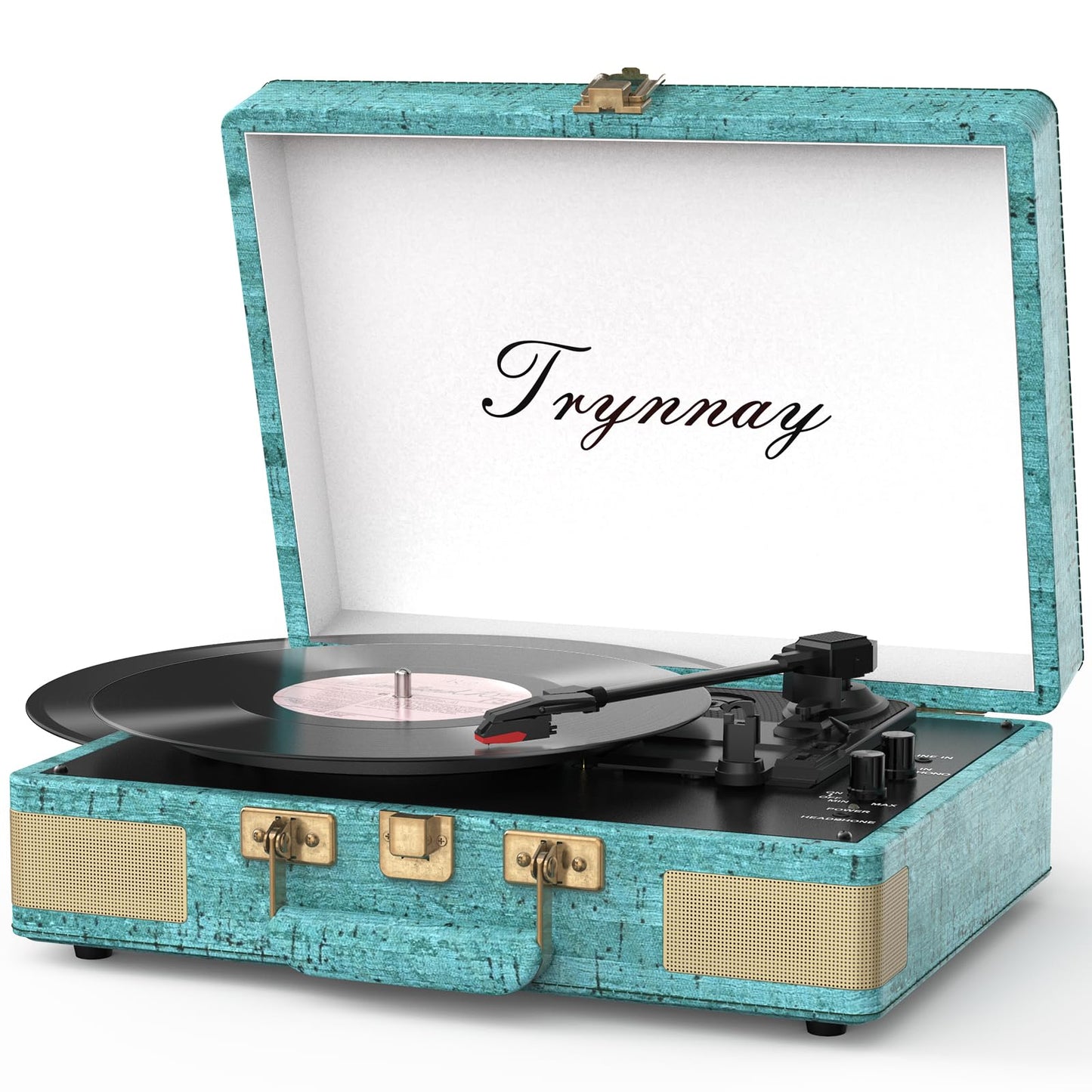 Trynnay Plattenspieler Schallplattenspieler 3-Gang-Bluetooth, tragbarer Koffer-Vinyl-Player mit integrierten Lautsprechern, Plattenspieler, verbesserter Audio-Sound, Gewachstes Leder Retro Blau