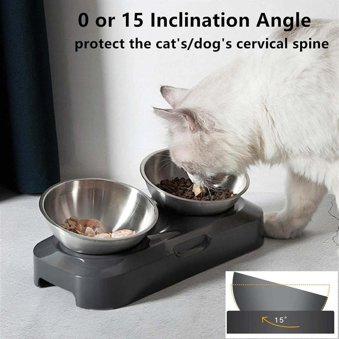 PewinGo Katzennapf-15°Kipphals-Schutzschale Edelstahl Lebensmittelqualität, Maschinenwaschbar,rutschfeste Silikonbasis,für Haustiere Katzen und Welpen