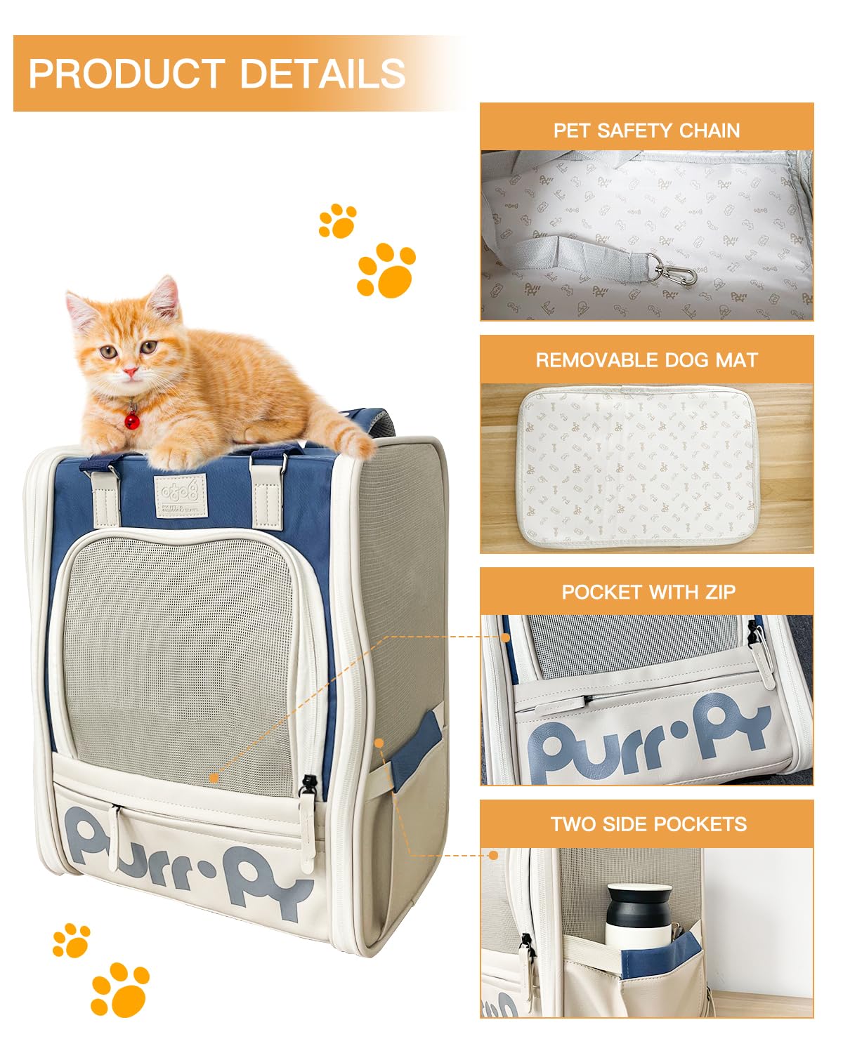 RYTMAT Katzenrucksack Hunderucksack Faltbare Haustier Rucksack für Katzen Hunde bis 7kg mit Innerer Sicherheitsleine und Netzfenster für Spaziergänge Urlaub Fahrrad Tierkliniken