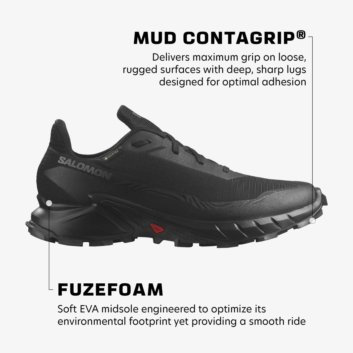 Salomon Alphacross 5 Gore-Tex Waterproof Men's Trail Running Shoes, Powerful Grip, Waterproof and Weatherproof, and Long Lasting Comfort, Black, 9