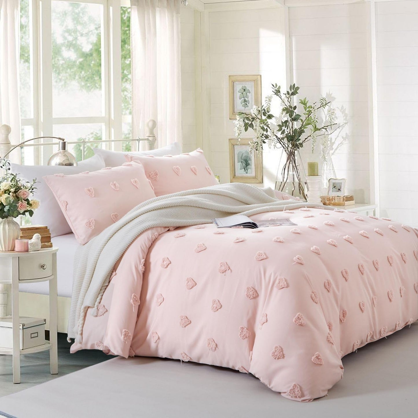 Freyamy Boho Bettwäsche 135x200cm 2teilig Rosa Getuftet Herz Böhmen Bettwäsche Stickerei Shabby Chic Bettwaren-Sets Microfaser Weiche Bettbezug mit Reißverschluss und Kissenbezug 80x80cm