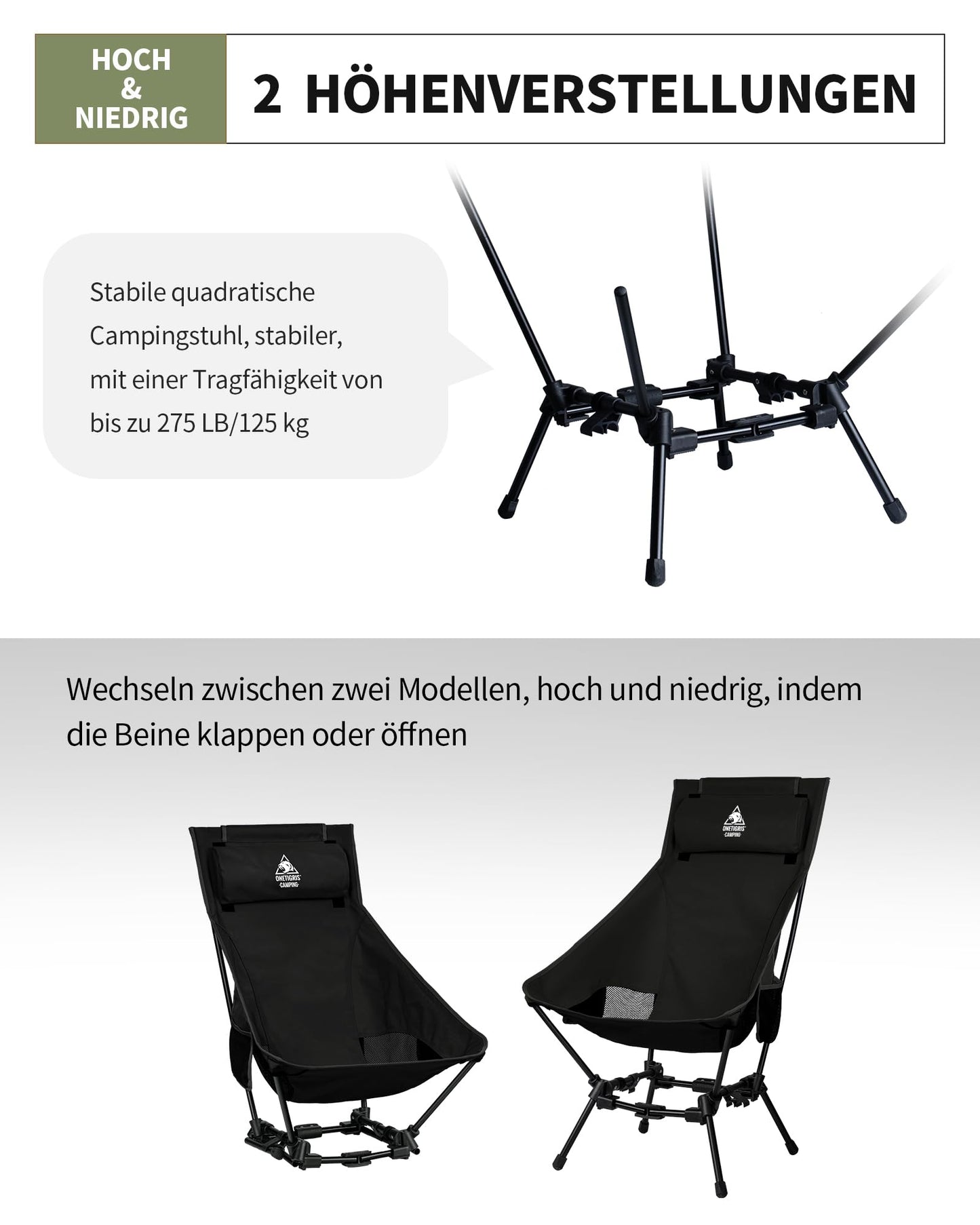 OneTigris DRAGONHIDE Campingstuhl Hochlehner faltbar 125 kg, Klappstuhl Camping leicht, Angelstuhl klappbar mit 2 Seitentaschen, Faltstuhl Ultraleicht für Outdoor, Wandern(Schwarz)