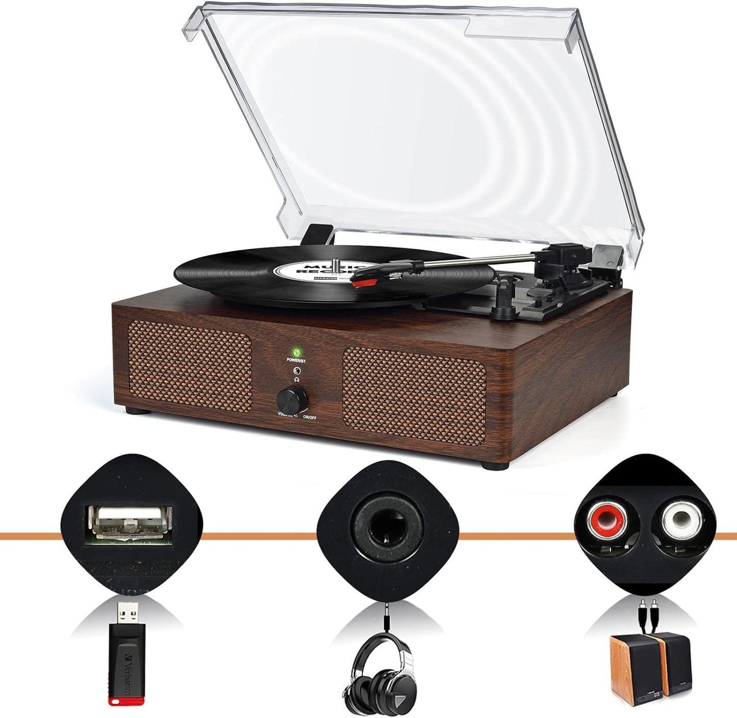 Udreamer Schallplattenspieler, Plattenspieler mit integrierten Lautsprechern und Bluetooth Riemenantrieb, Vintage-Phonograph mit 3 Geschwindigkeiten für Musikgenuss und Heimdekoration Kaffee