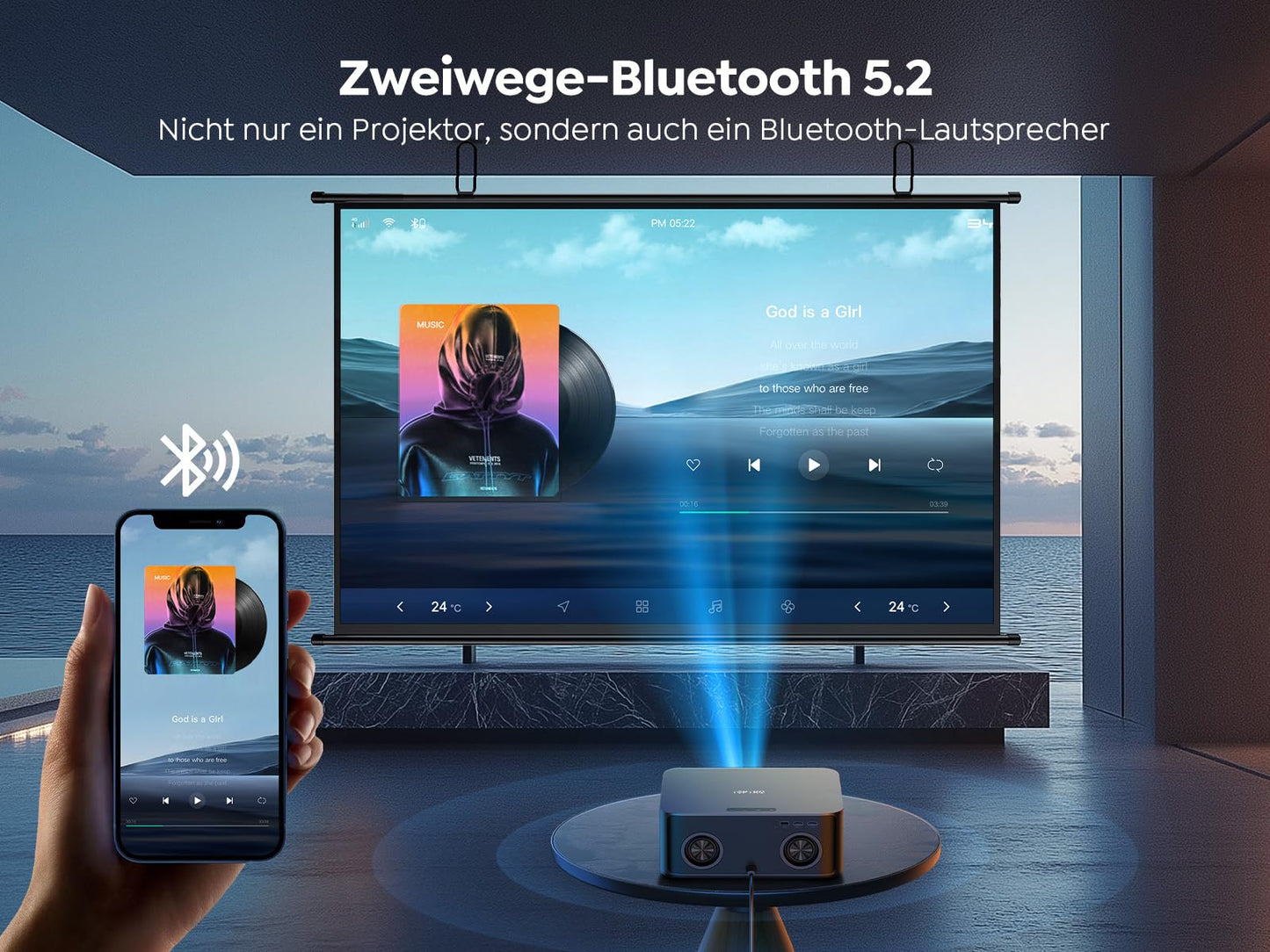 Beamer 4K【Offizielles Netflix & 36W Dolby Audio】 Toptro 1200 ANSI Smart Beamer Heimkino, 1080P Full HD Video Projektor mit Zwei-Wege Bluetooth WiFi, KI-Autofokus & Trapezkorrektur für Outdoor/Handy