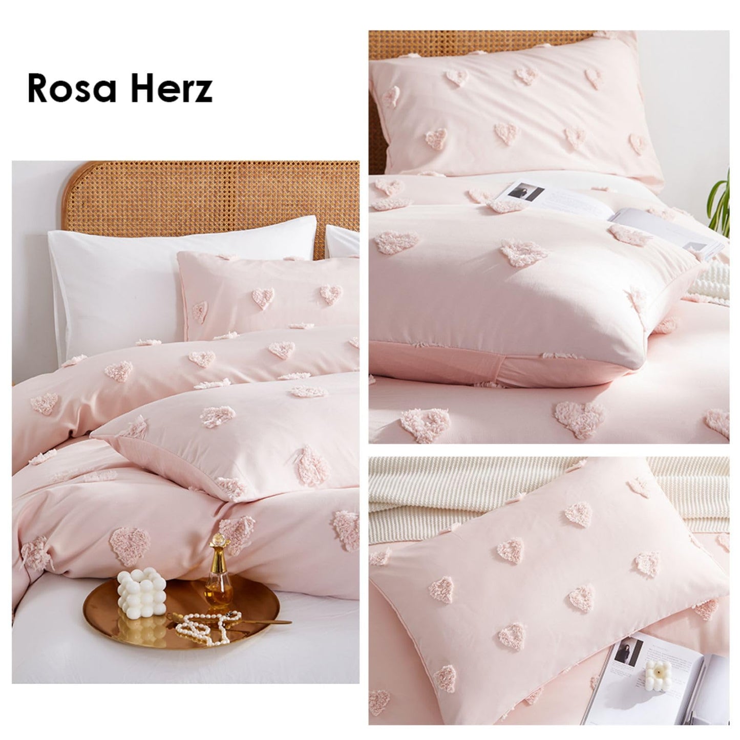 Freyamy Boho Bettwäsche 135x200cm 2teilig Rosa Getuftet Herz Böhmen Bettwäsche Stickerei Shabby Chic Bettwaren-Sets Microfaser Weiche Bettbezug mit Reißverschluss und Kissenbezug 80x80cm