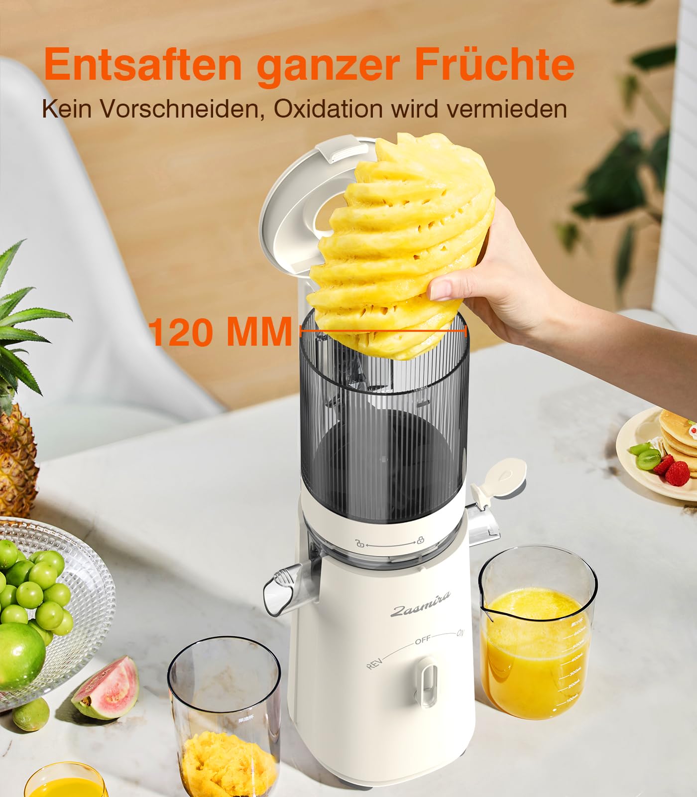 Zasmira Entsafter, Entsafter Slow Juicer mit hohem Drehmoment und 120MM-Einfüllschacht, Kein Vorschneiden entsafter für gemüse und obst, 99,6 % Saftreinheit, 1,5L, REV-Modus, einfacher zu reinigen