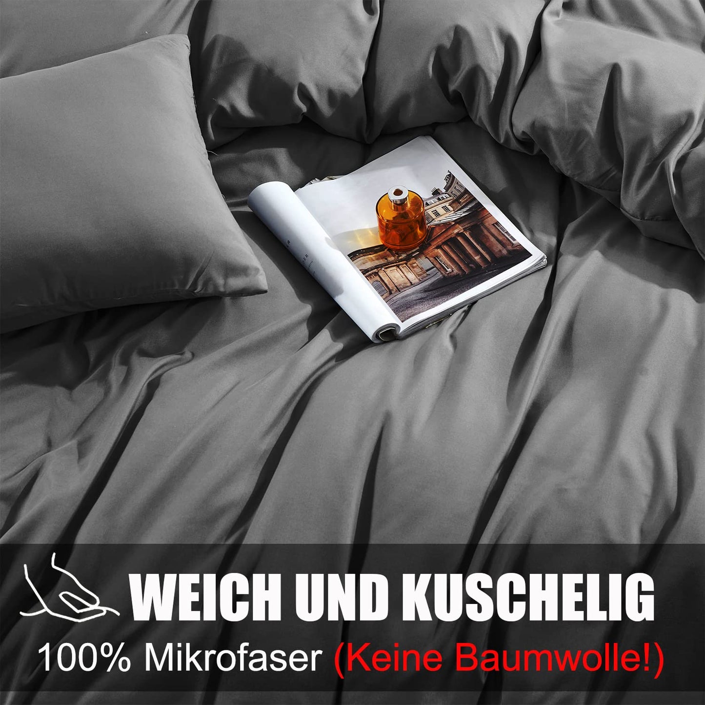 Soifox 135x200 4teilig Anthrazit bettwäsche Sets aus Mikrofaser bügelfrei & knitterfrei - Bettbezug 2er + Kissenbezug 2er , 80x80 mit Reißverschlus