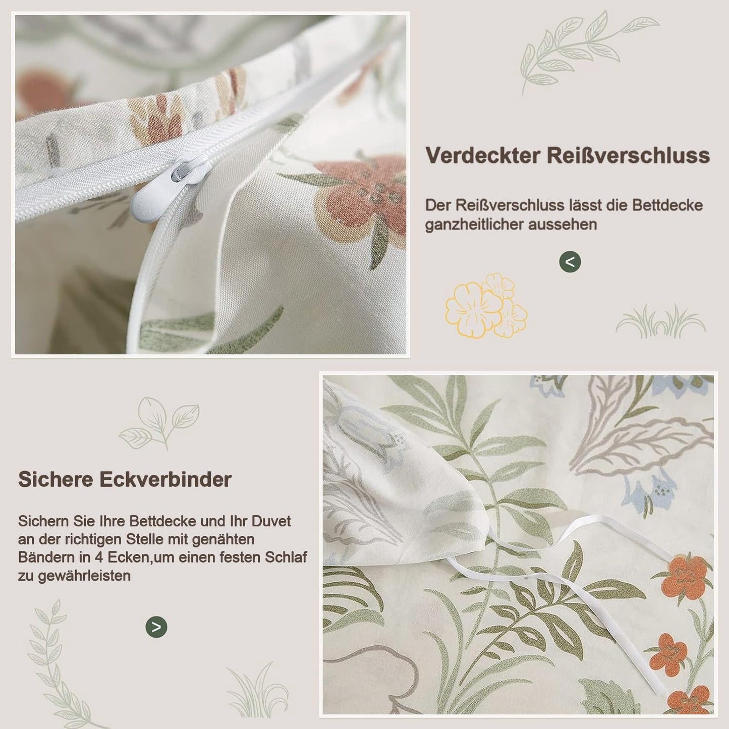 Lanqinglv Bettwäsche 135x200 cm 4Teilig Grün Weiß Blätter Blumen Muster Wende Bettwäsche 2er Set,Pflanzenmuster Bunt Microfaser 2 Bettbezug mit Reißverschluss und 2 Kissenbezug 80x80 cm