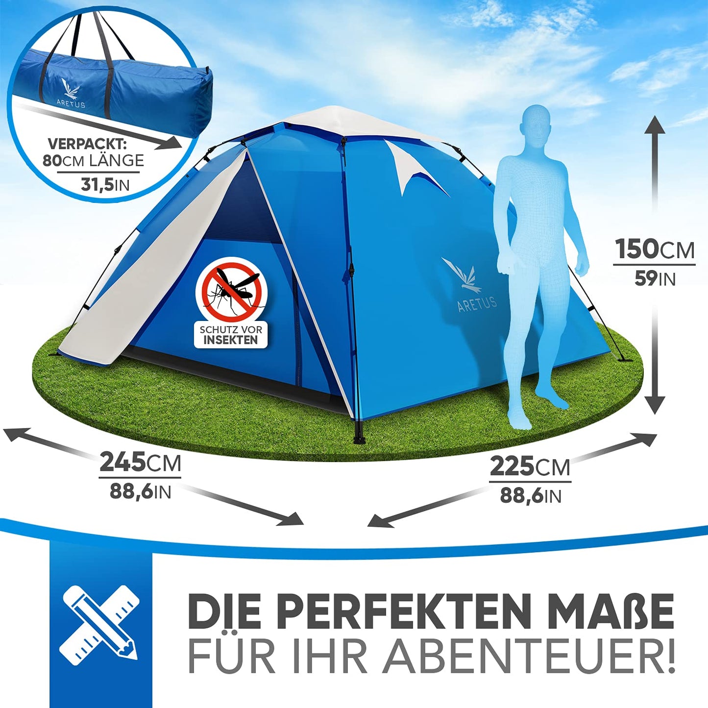 Aretus - Wurfzelt 2-4 Personen AUF-ABBAU IN 45 Sekunden -Extra Groß & Wasserdicht- Pop up Zelt 3 Person automatik Wurfzelt 3 Personen Mann zelte
