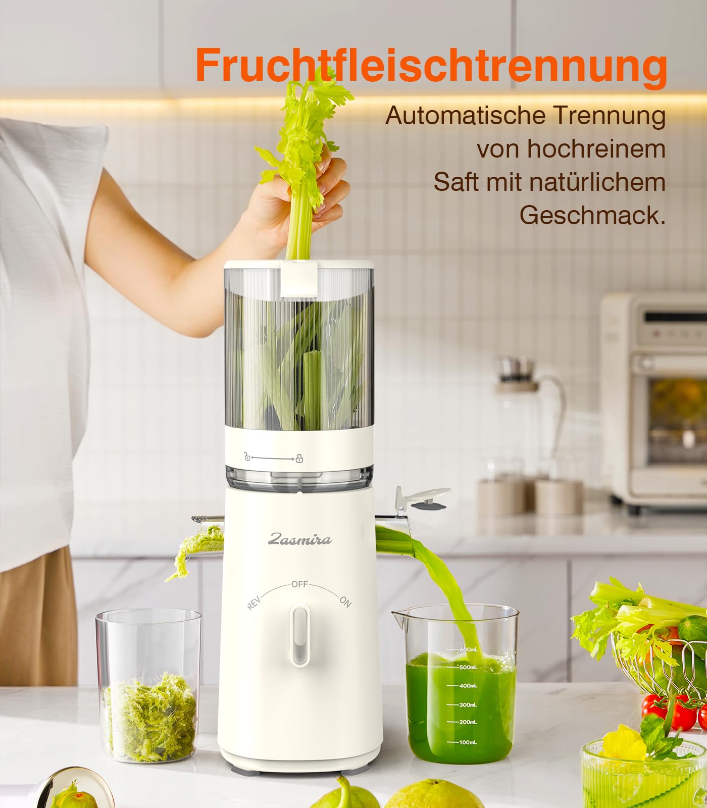 Zasmira Entsafter, Entsafter Slow Juicer mit hohem Drehmoment und 120MM-Einfüllschacht, Kein Vorschneiden entsafter für gemüse und obst, 99,6 % Saftreinheit, 1,5L, REV-Modus, einfacher zu reinigen