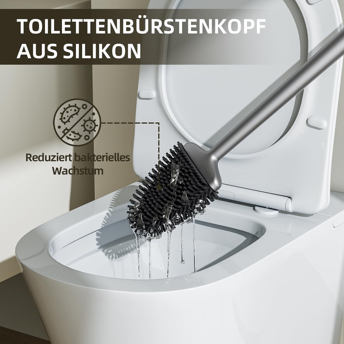 ASOBEAGE Silikon Toilettenbürste: Flexibler Kopf, Langer Griff, Wandmontage, schnell trocknende Halterung für die Reinigung des Badezimmers (Silber)