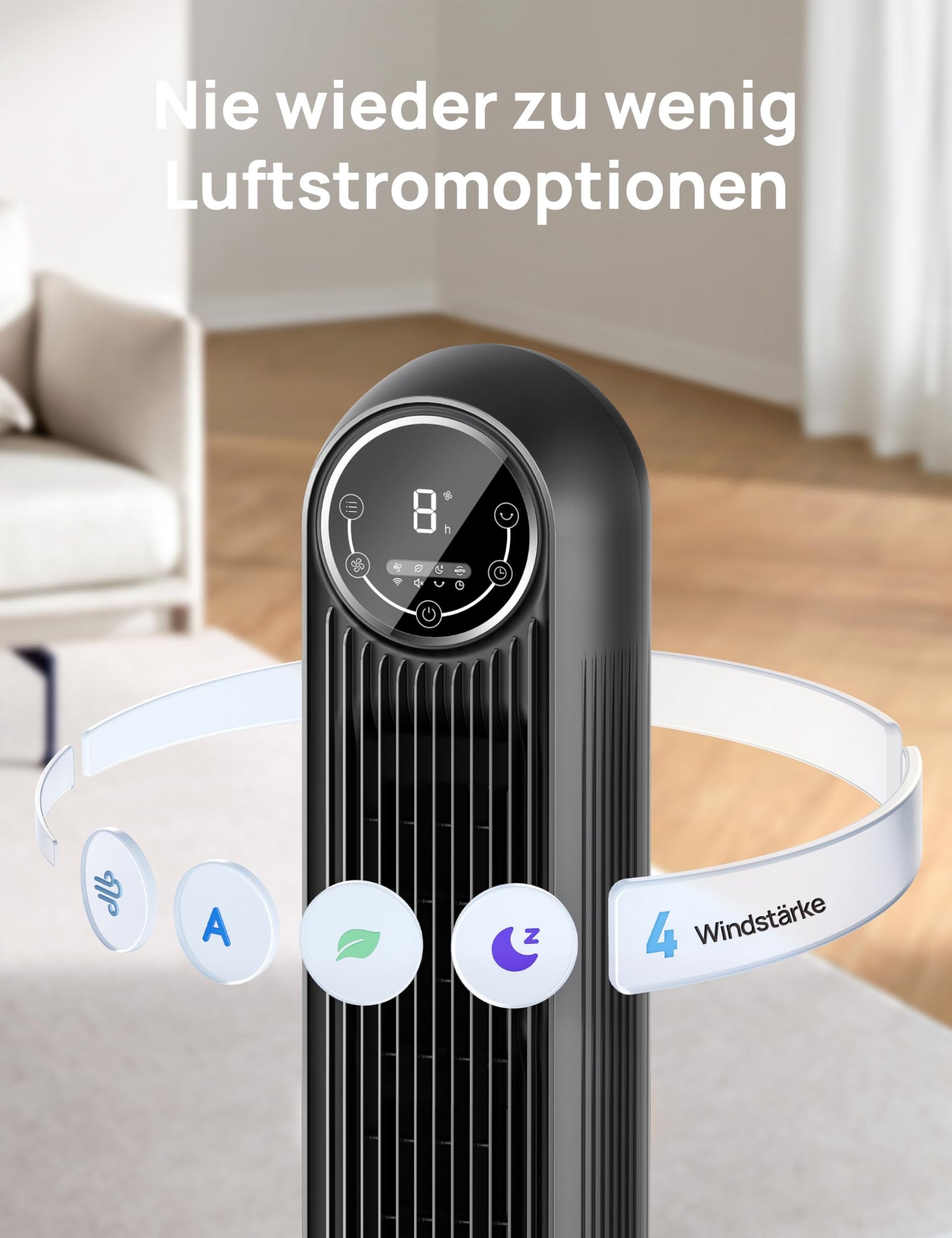 Dreo 20dB Leiser Turmventilator, 10 m Wurfweite 4 Geschwindigstufen 4 Modi 8 Std. Timer 90° oszillierende Ventilator mit Kühlung Fernbedienung für Schlafzimmer, Nomad One, Schwarz