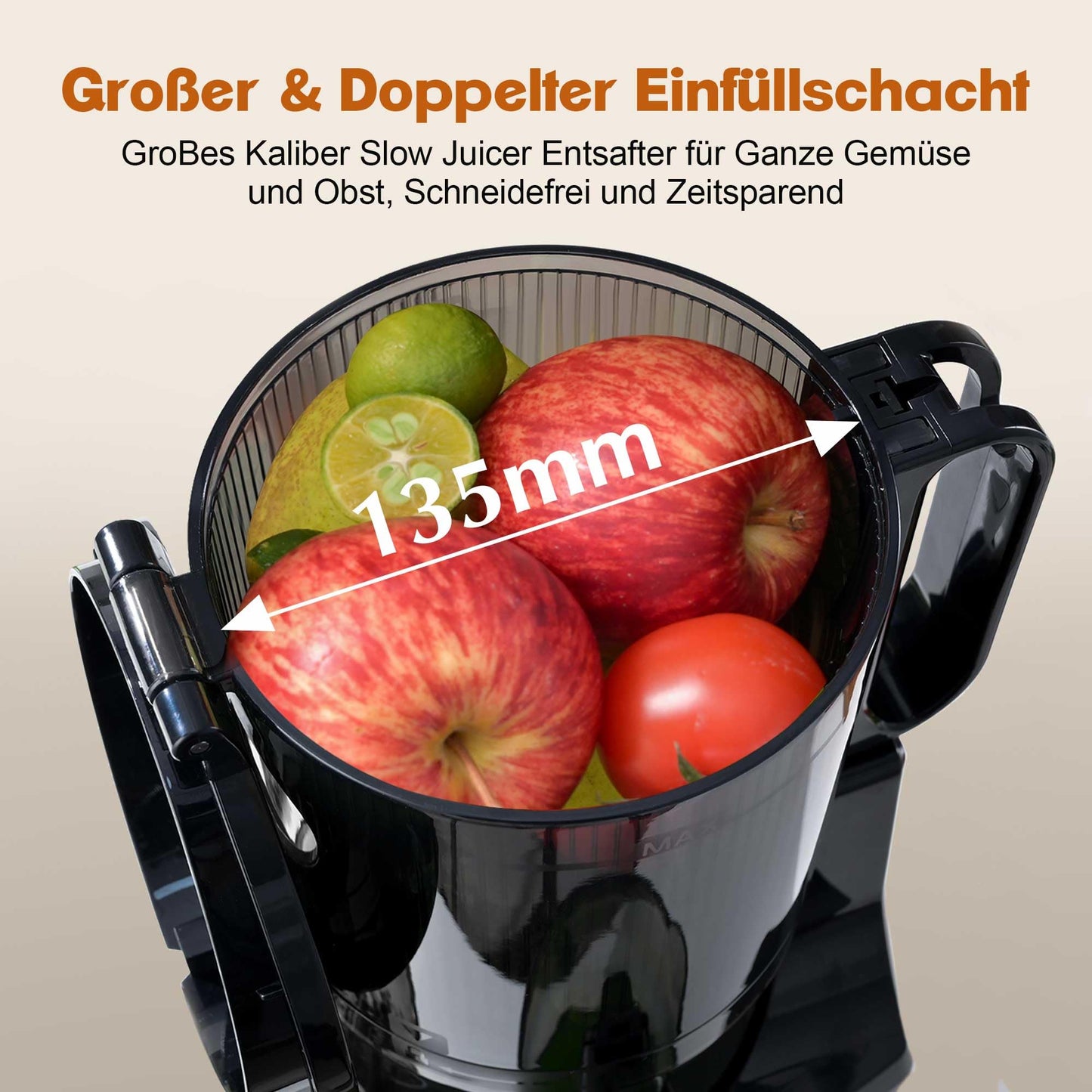 Fretta Slow Juicer Entsafter Gemüse und Obst Testsieger, 250W Edelstahl Saftpresse Elektrisch Obstpresse Kaltpresse Saftmaschine mit 135mm Großem Öffnung, Leicht zu Reinigen, Umkehrfunktion, BPA Frei