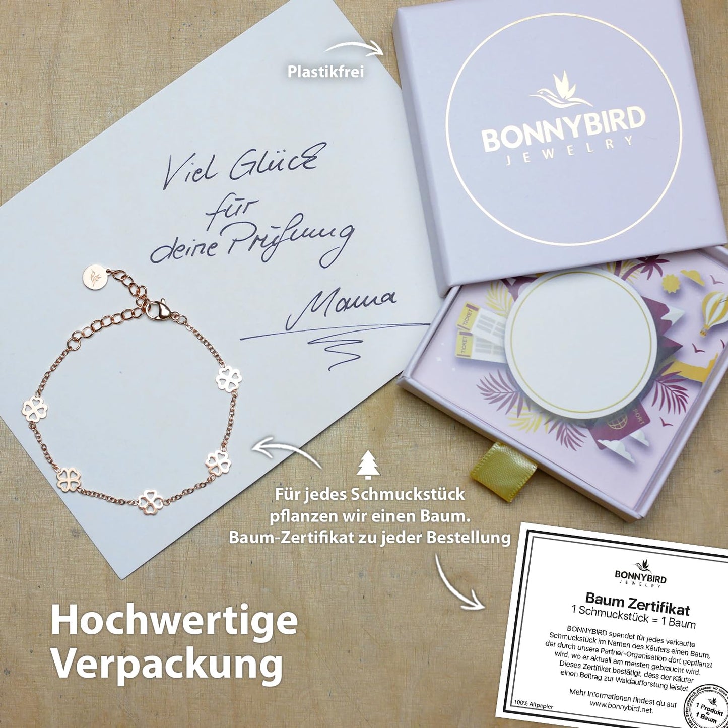 BONNYBIRD® Armband Kleeblatt Glücksbringer Prüfung - Viel Glück Prüfung Geschenk, Glücksbringer Kleeblatt Armband Damen Rosegold, Glücksarmband Damen