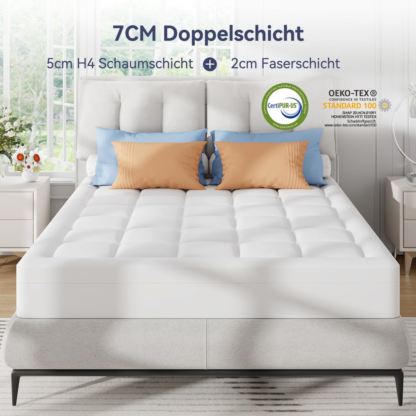 ELEMUSE Matratzen Topper 160x200cm, H4 Hart Gel Topper mit Waschbarem Flauschigem Bezug und Gelschaum, 7CM Höhe Weicher und Bequemer Matratzentopper für Boxspringbett und Unbequeme Betten Schlafsofa
