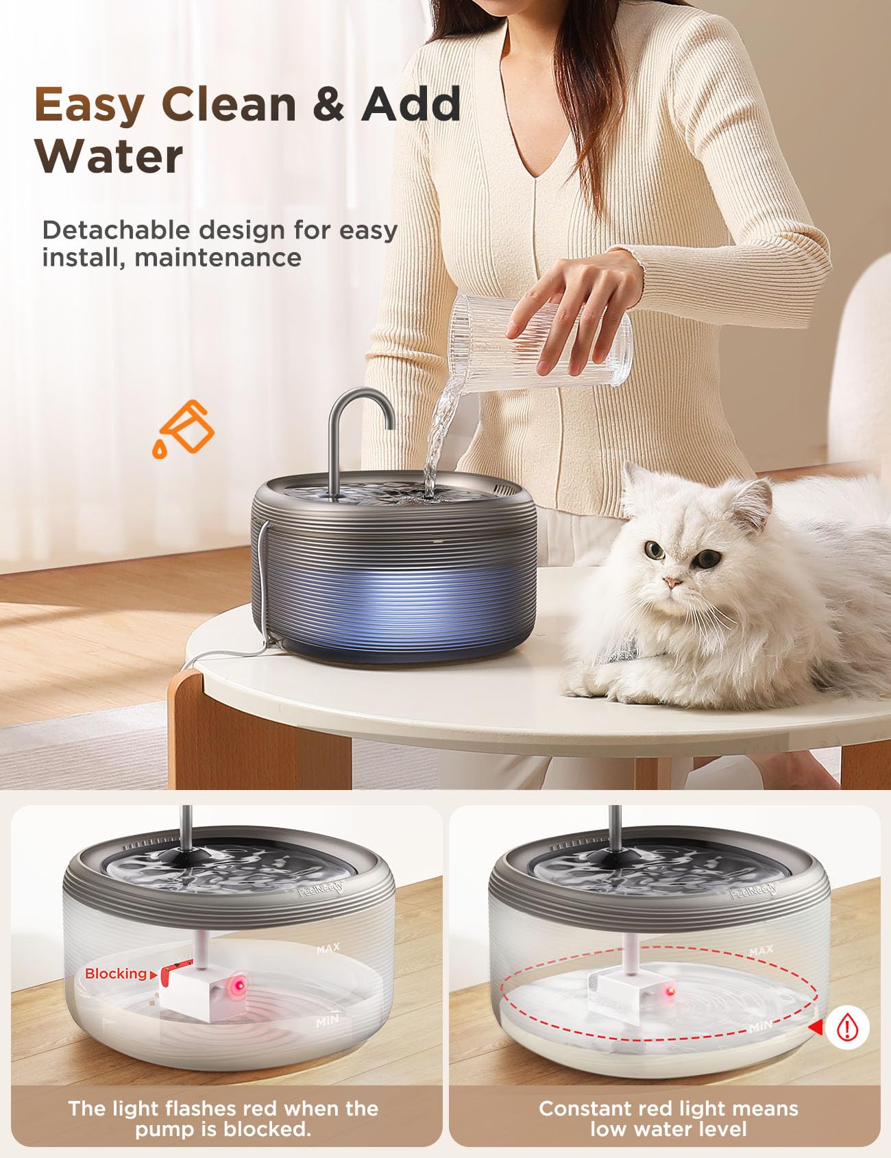 FEELNEEDY Katzenbrunnen für Katzen 3,2L Trinkbrunnen Super Leise 2 Wasserflussmuster Wasserautomat für Katzen Katzentrinkbrunnen BPA-freier Wasserbrunnen für Katzen Schwarz, Cat Fountain