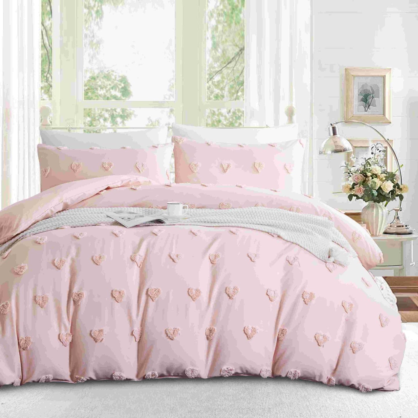 Freyamy Boho Bettwäsche 135x200cm 2teilig Rosa Getuftet Herz Böhmen Bettwäsche Stickerei Shabby Chic Bettwaren-Sets Microfaser Weiche Bettbezug mit Reißverschluss und Kissenbezug 80x80cm