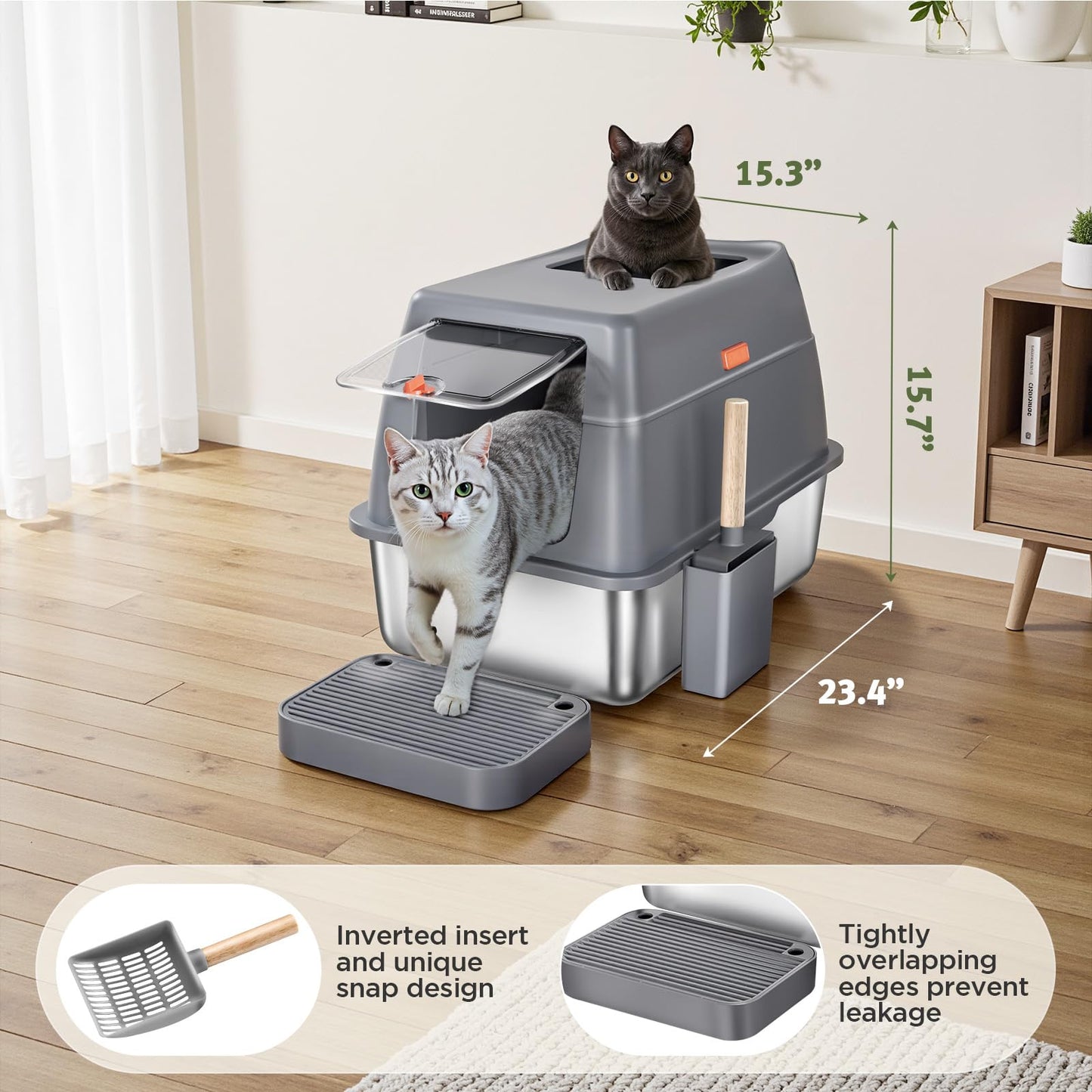 Gimars 3 in 1 Hochwandiger Anti-Auslauf Edelstahl Katzentoilette XXL mit Deckel, Extra Großes Geschlossenes Katzenklo XXL mit Schaufel, Front- und Deckeleinstieg für Mehrkatzenhaushalte