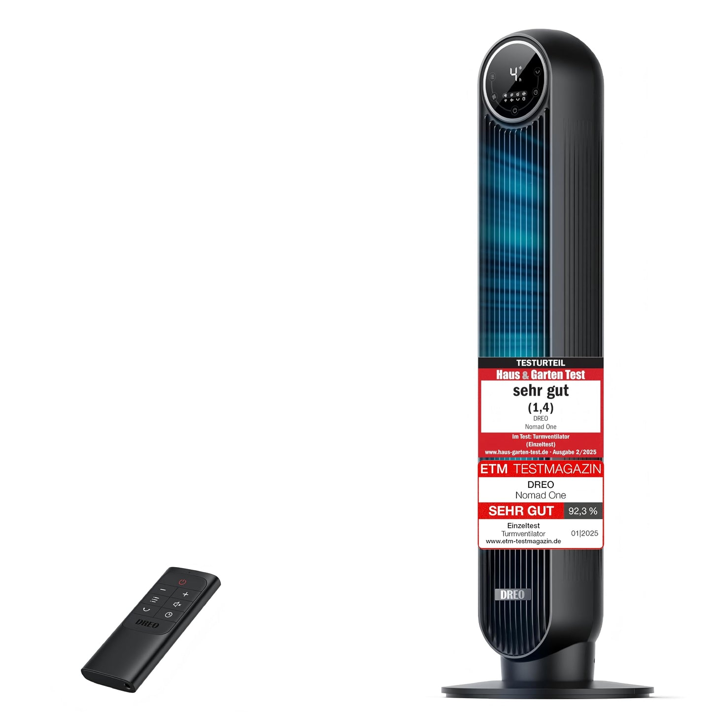 Dreo 20dB Leiser Turmventilator, 10 m Wurfweite 4 Geschwindigstufen 4 Modi 8 Std. Timer 90° oszillierende Ventilator mit Kühlung Fernbedienung für Schlafzimmer, Nomad One, Schwarz