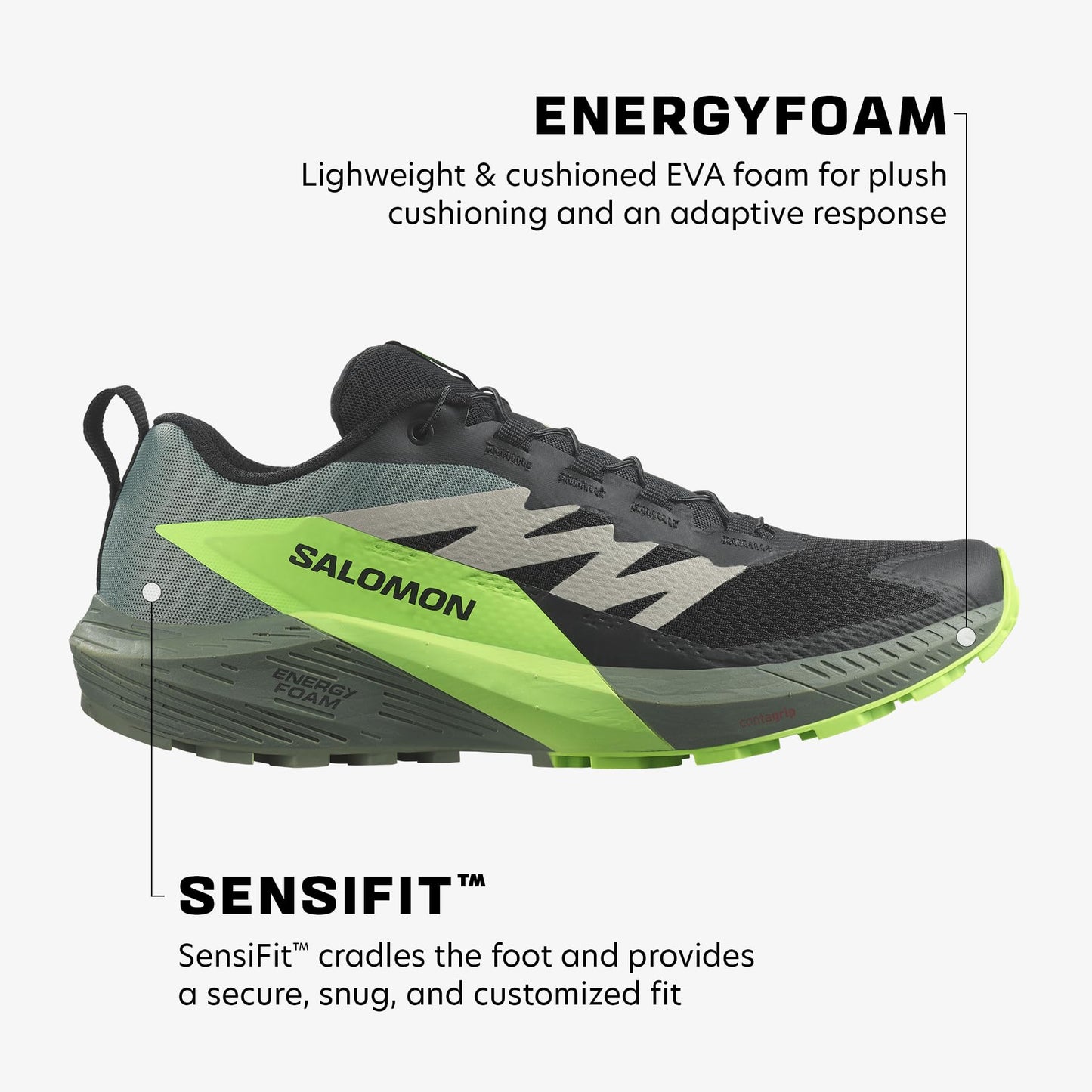 Salomon Herren Sense Ride 5 Traillaufschuhe, Black Laurel Wreath Green Gecko, 43 1/3 EU