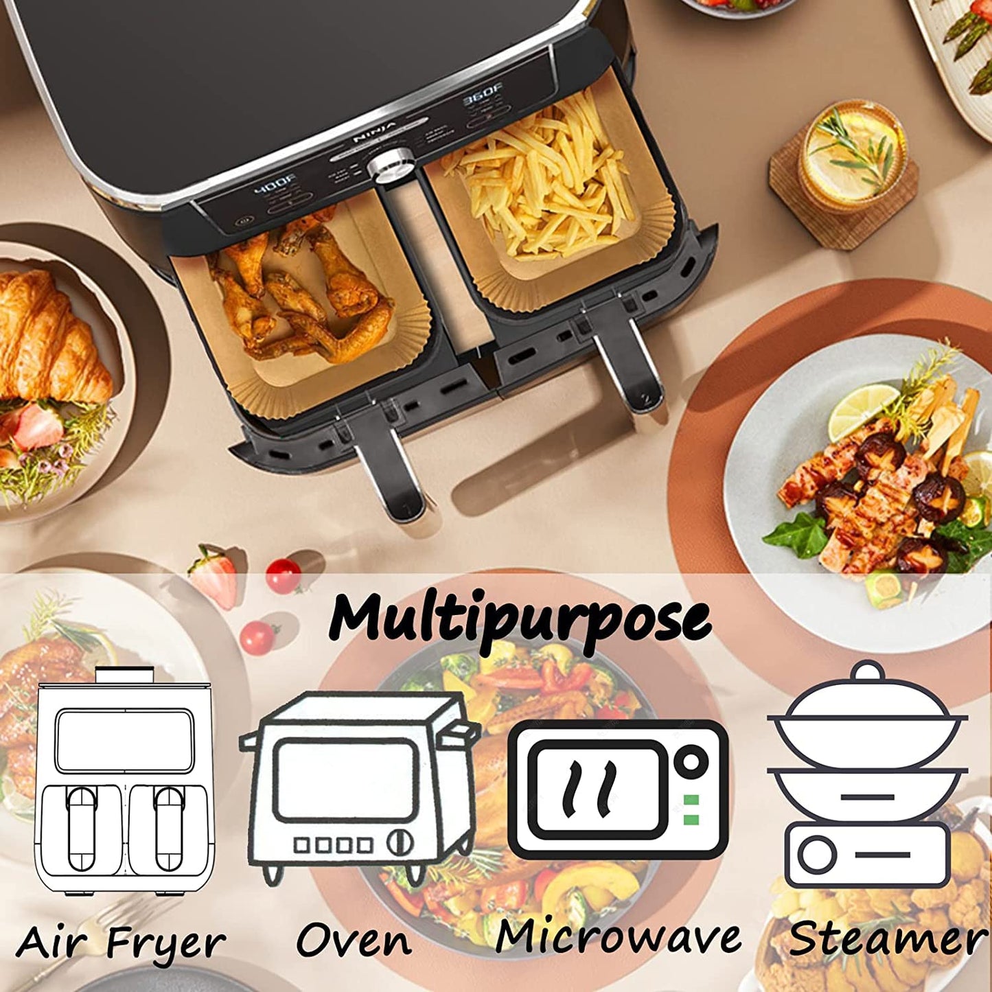 Backpapier für Heißluftfritteuse mit Doppelkammer, HONYAO 100 Stück 20,5x14cm Rechteckig Airfryer Papier Liners kompatibel mit Ninja Dual/Double Stack, und Anderen Dual Zone Air Fryer