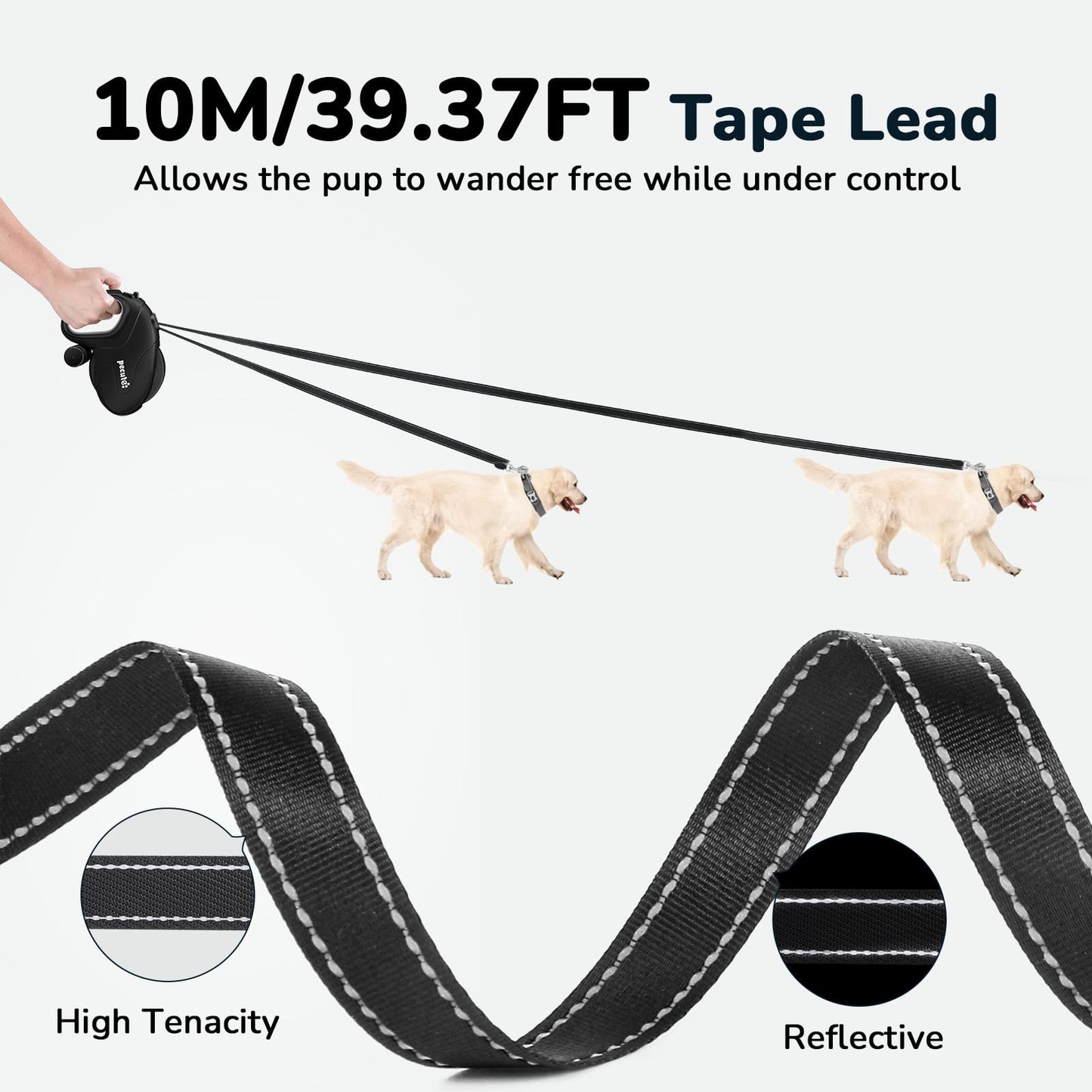 Pecute Hundeleine 10m, Rollleine für Hunde, 360° Verhedderungsfreier Leinenverlängerung, Anti-Rutsch-Griff und Schnellbremsknopf, Geeignet für Hunde bis zu 50kg Gewicht