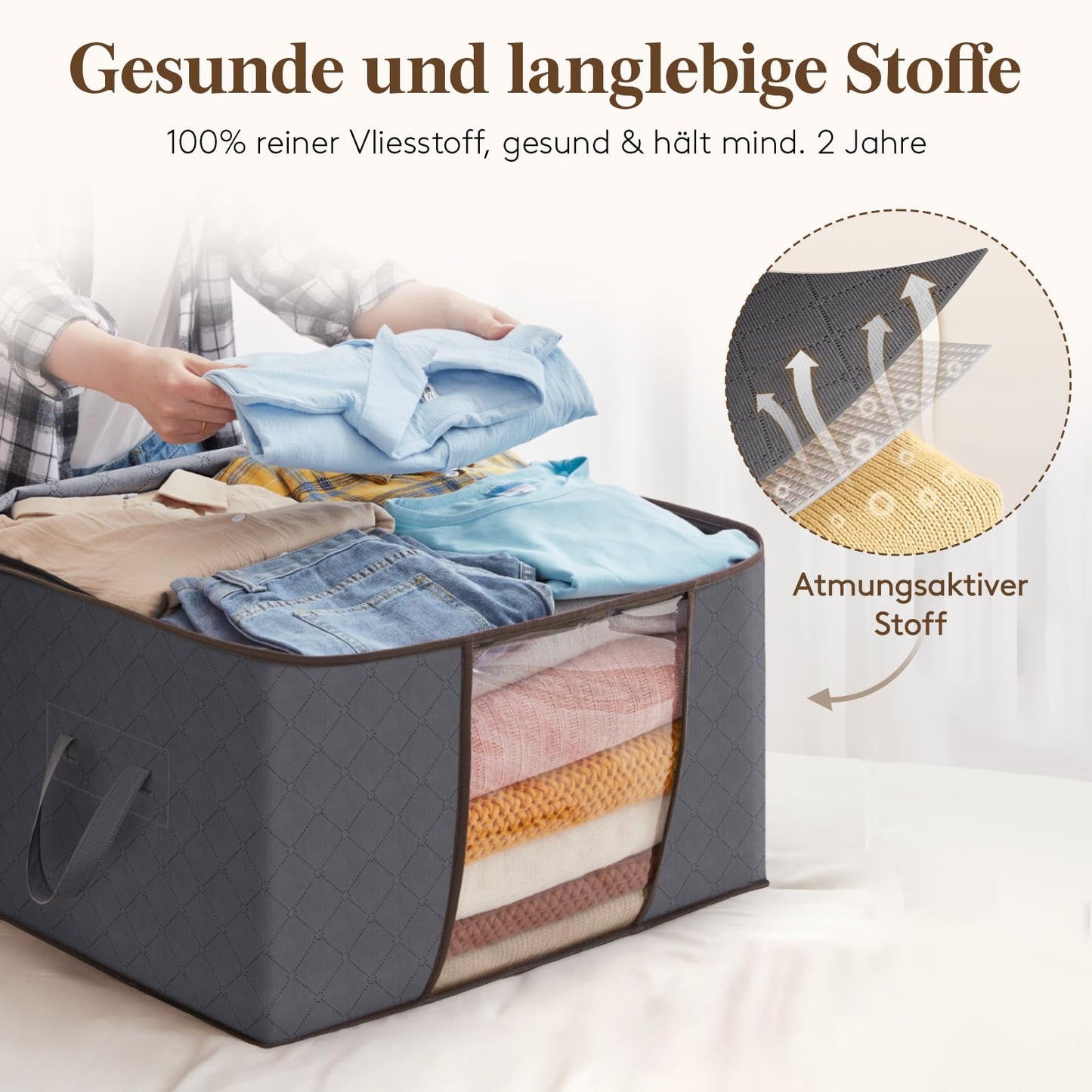 Lifewit 6 Stück Aufbewahrungstasche, Aufbewahrungsbox mit Deckel, Kleiderschrank Organizer Faltbare Kleideraufbewahrung Umzugskartons mit Verstärkt Griff für Bettdecken Kleidung Decke, Grau