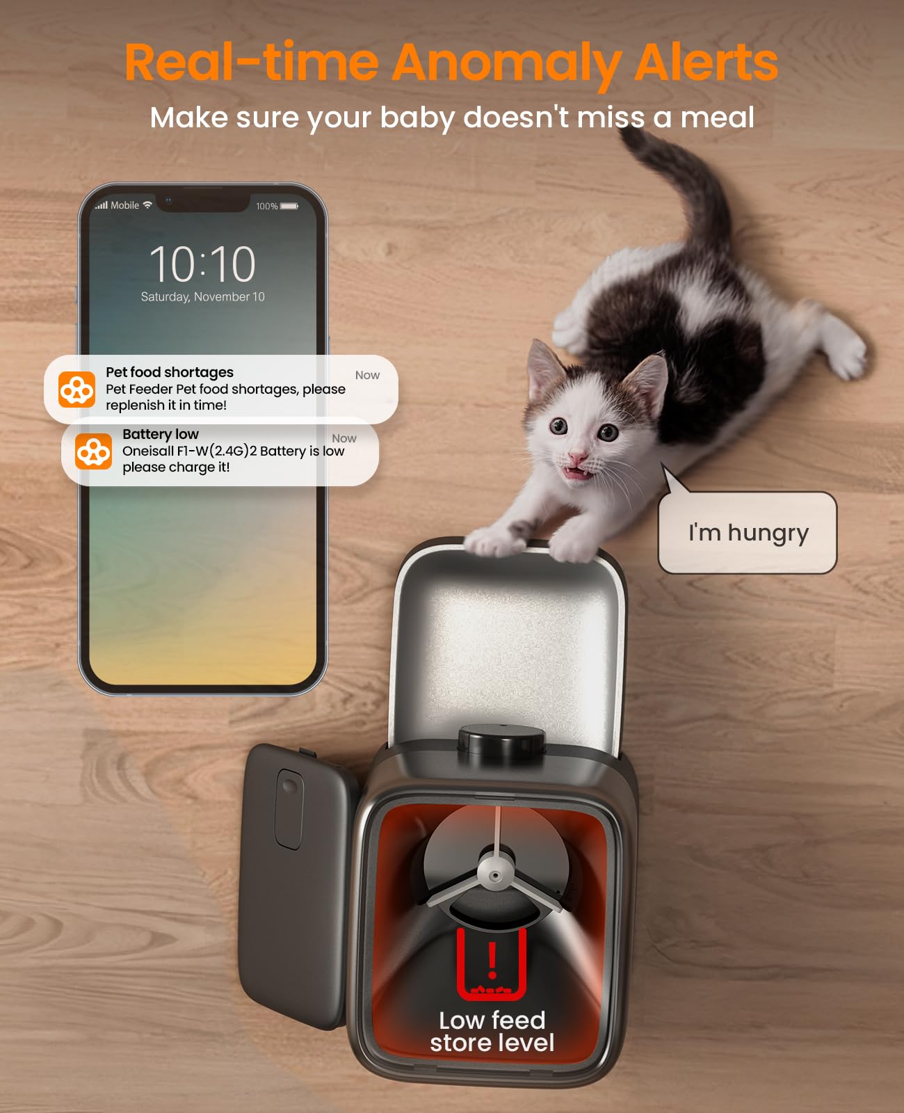 oneisall 3L Futterautomat Katze Kabellos, Katzenfutter Automat, 2.4G WiFi, APP-Steuerung, 100 Tage Lithium-Batterielaufzeit, 1-10 Mahlzeiten/Tag, Futterspender für Katze, mit 304 Edelstahlnapf