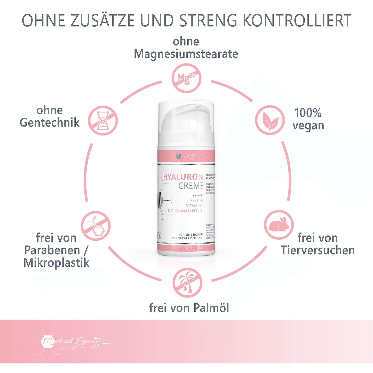 Medical Beauty Hyaluron Creme 100ml - mit Peptiden, Vitamin E und Bio-Granatapfelkern-Öl - vegane Anti-Aging Gesichtscreme für Augen, Hals, Dekolleté mit DermaCROSS III-Komplex