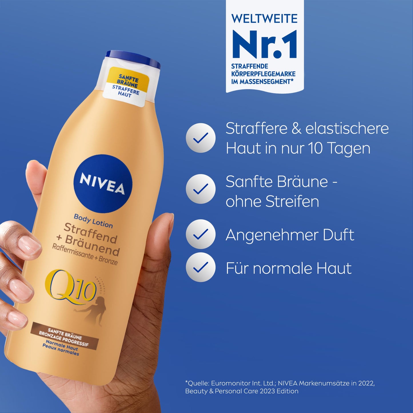 NIVEA Body Lotion Q10 Straffend + Bräunend, Pflege für eine sanfte Bräune mit frischem Sommerduft, Anti-Age Hautpflege mit Q10 für straffere Haut in 10 Tagen (200 ml)