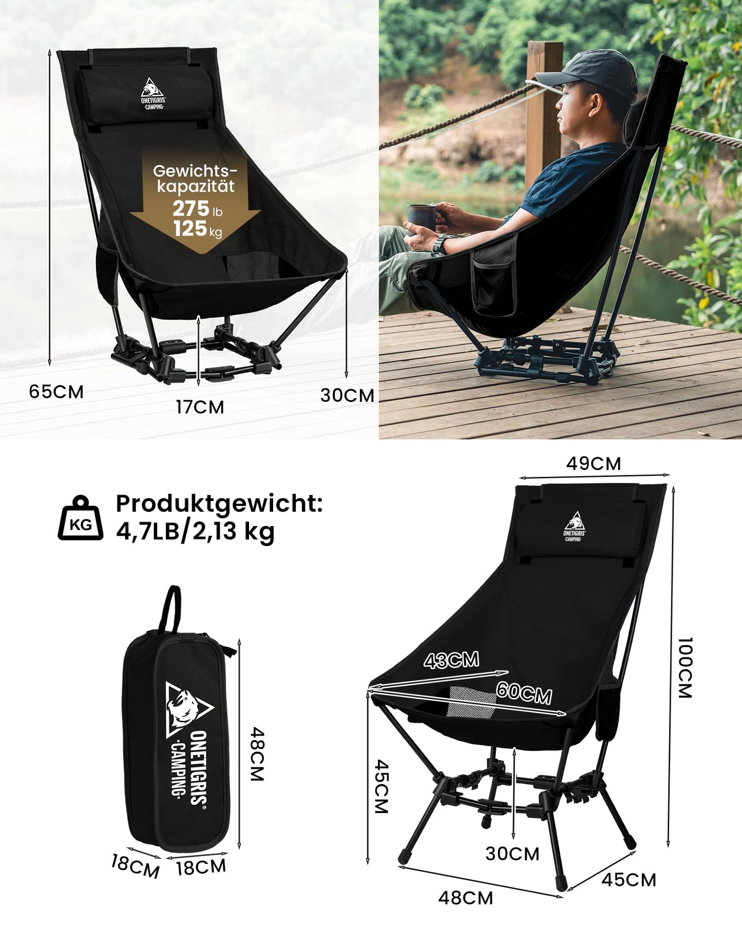 OneTigris DRAGONHIDE Campingstuhl Hochlehner faltbar 125 kg, Klappstuhl Camping leicht, Angelstuhl klappbar mit 2 Seitentaschen, Faltstuhl Ultraleicht für Outdoor, Wandern(Schwarz)