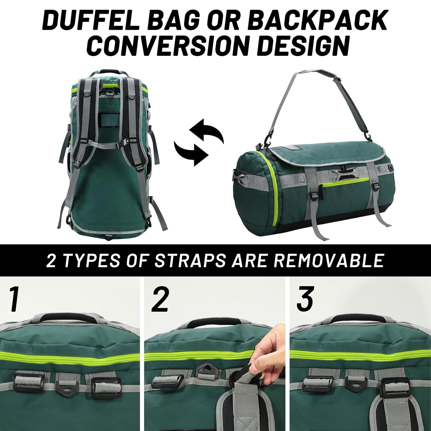 MIER Große Sporttasche wasserdicht Sportrucksack mit Schuhfach umwandelbar in Rucksack, 45L/60L/90L