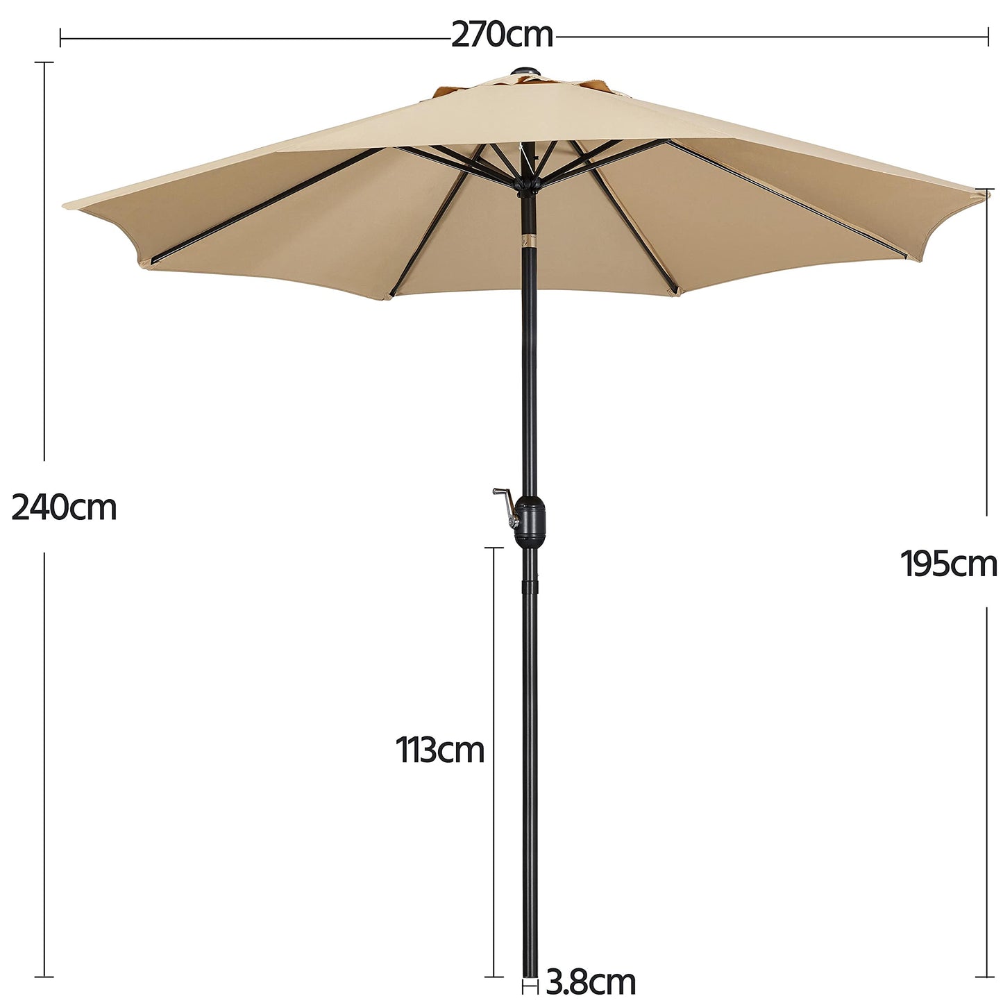 Yaheetech Sonnenschirm Balkon Rund Terrassenschirm 270 cm Gartenschirm Knickbar Kurbelschirm mit Kurbelrichtung UV Schutz UPF 50+, Tan
