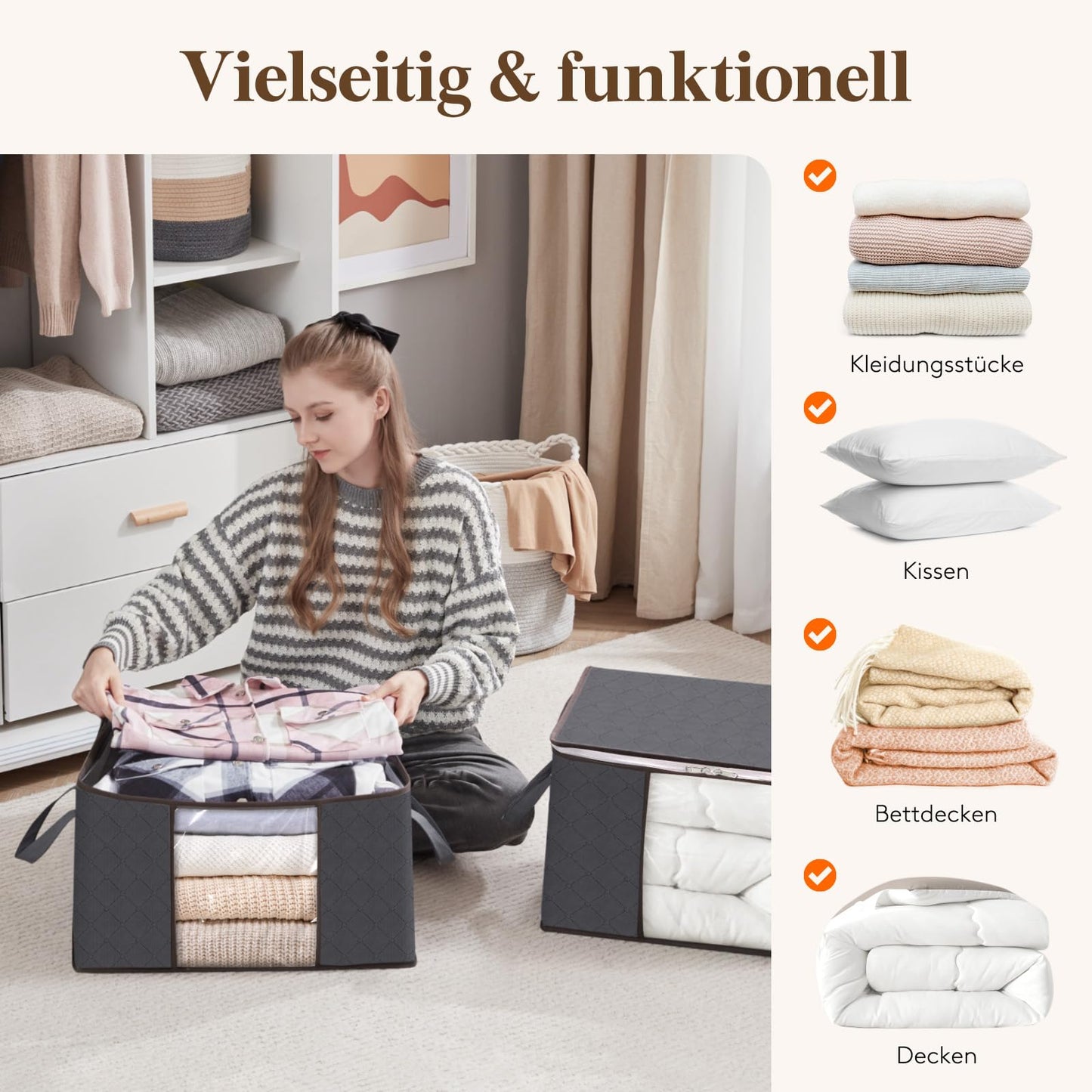 Lifewit 6 Stück Aufbewahrungstasche, Aufbewahrungsbox mit Deckel, Kleiderschrank Organizer Faltbare Kleideraufbewahrung Umzugskartons mit Verstärkt Griff für Bettdecken Kleidung Decke, Grau
