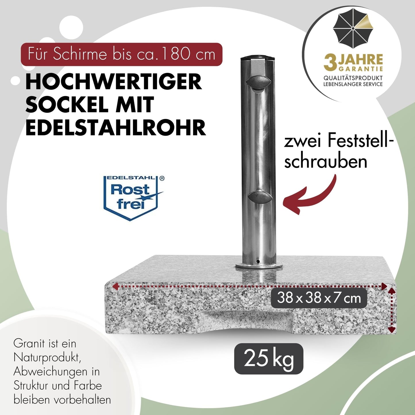 Doppler Granitsockel 25kg I Schirmständer mit Griff-Mulde für Transport I Sonnenschirmständer für Sonnenschirme mit max. 200cm Schirmdurchmesser & 2,5-4,8cm Rohrdurchmesser