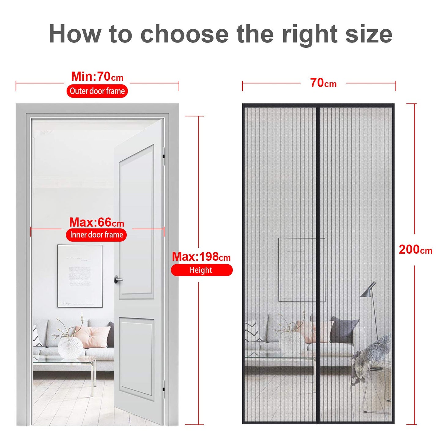 MYCARBON Fliegengitter Balkontür, Stärkere Magnet Insektenschutz Tür 70x200cm, Für Kellertür, Terrassentür, Wohnzimmer, Ohne Bohren, Einfache Montage, Nicht Kürzbar, Schwarz