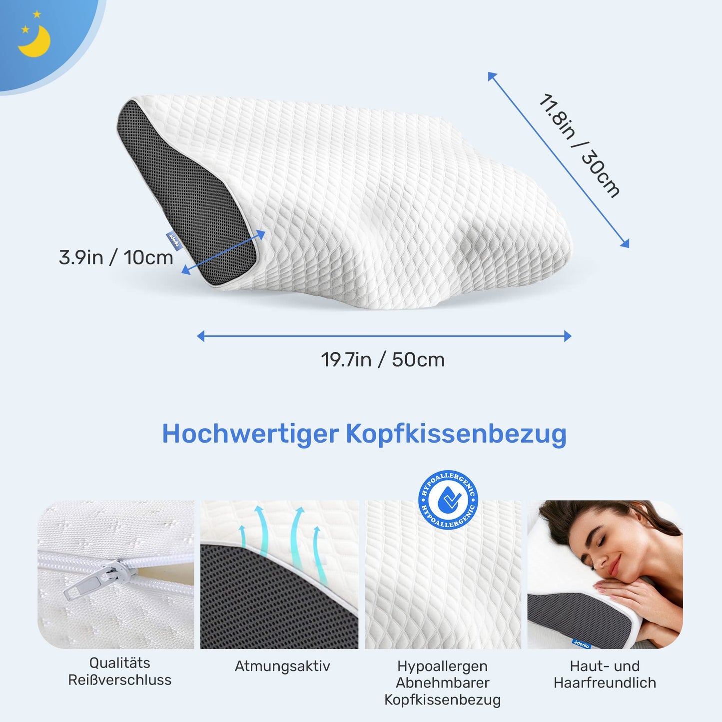 Derila Nackenkissen Kopfkissen, Memory Foam Kissen Original. Ergonomisches Kopfkissen, Nackenstützkissen, Seitenschläferkissen für Seiten, Rücken & Bauchschläfer (Queen, 1er Pack)